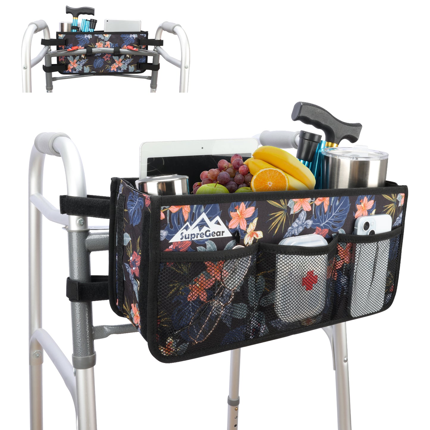 Walker Basket with Cup Holder, Foldable No-Tip Storage Bag