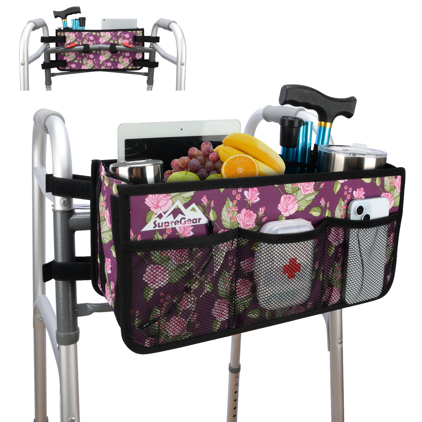 Walker Basket with Cup Holder, Foldable No-Tip Storage Bag