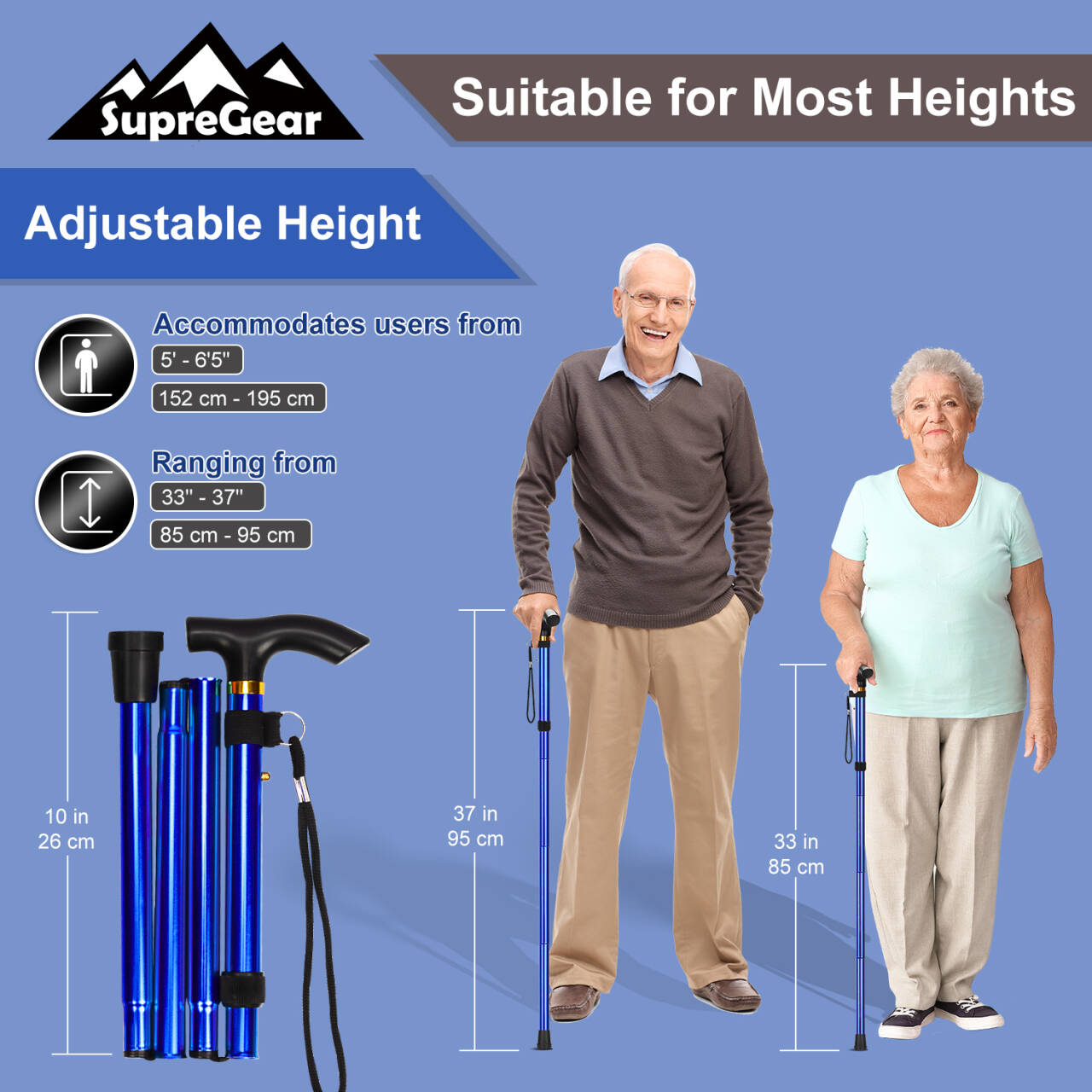 5-Level Adjustable Height Walking Stick Folding Cane