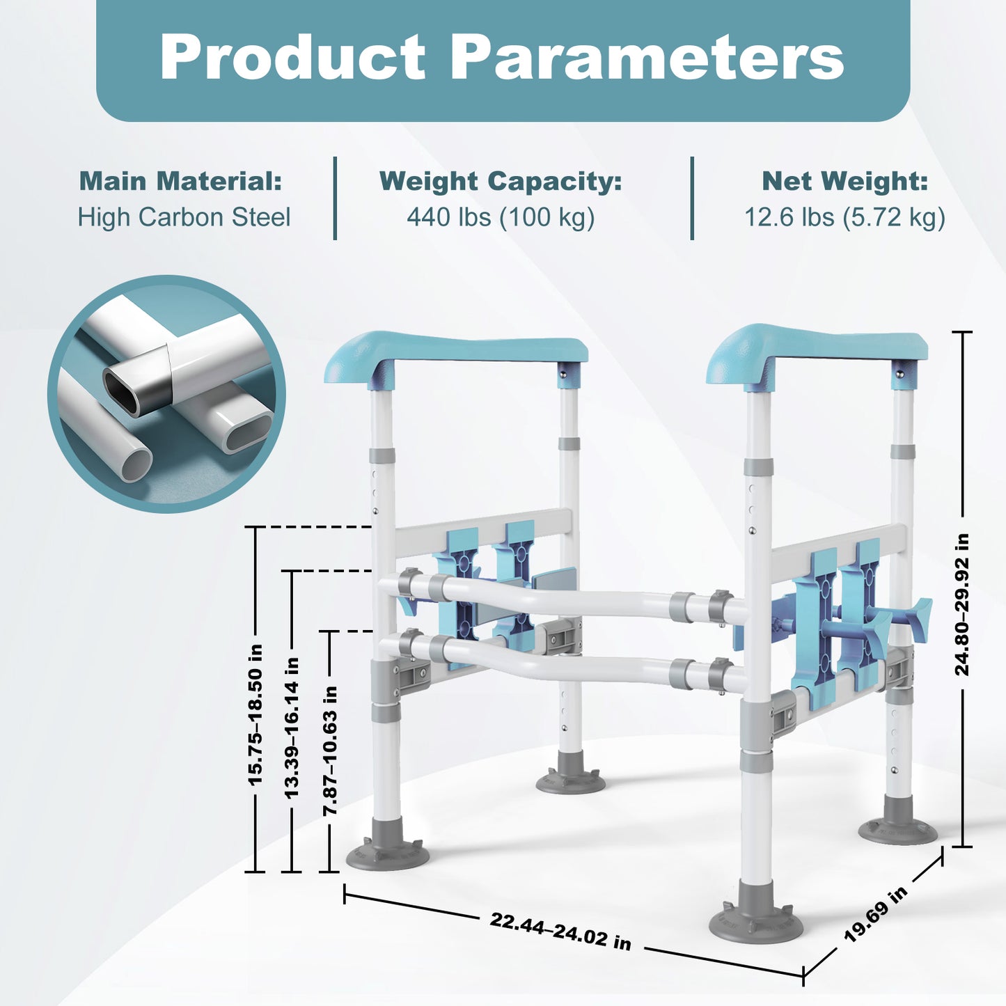 3-Way Adjustable Toilet Safety Frame, Anti-Slip Handrails, Suction Cups, Supports 220 lbs