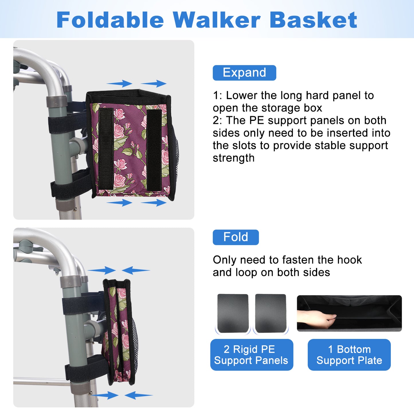 Walker Basket with Cup Holder, Foldable No-Tip Storage Bag