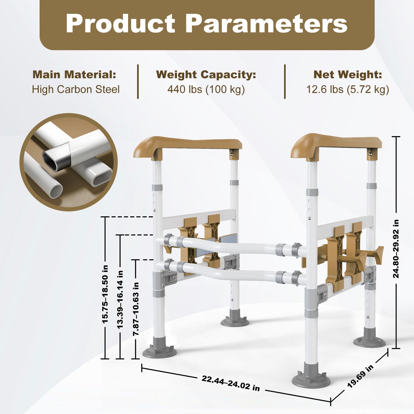 3-Way Adjustable Toilet Safety Frame, Anti-Slip Handrails, Suction Cups, Supports 220 lbs