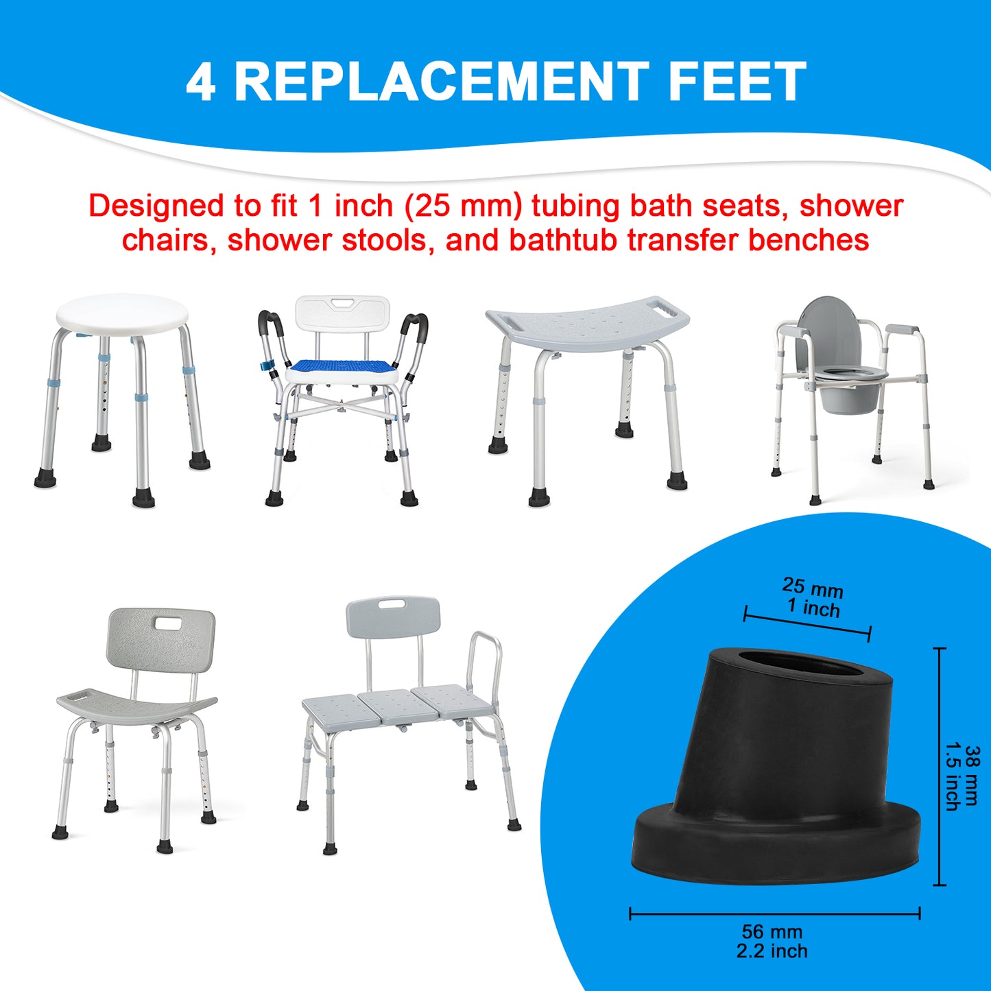 1 Inch Shower Chair Feet, Non-Slip Suction Tips, 4PCS