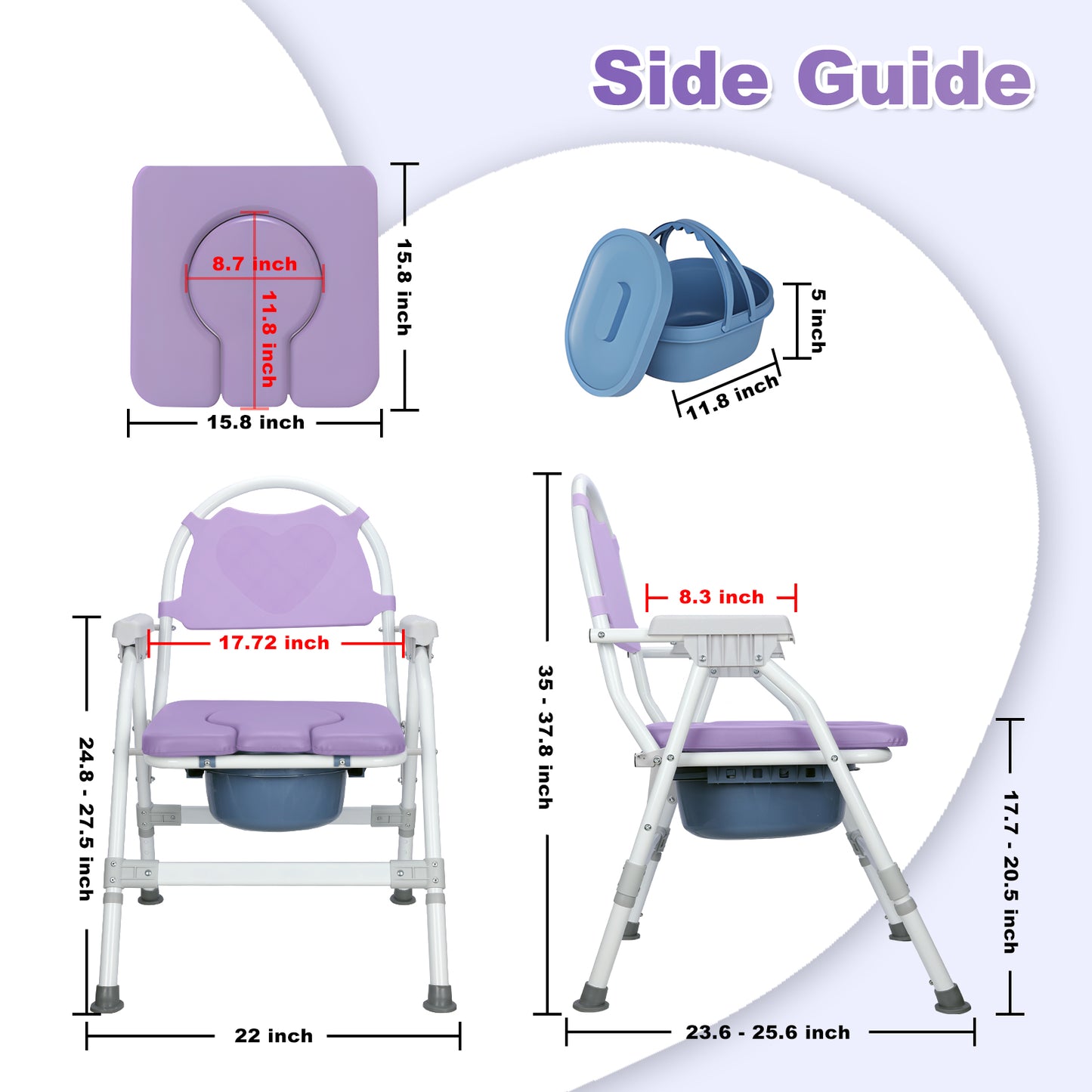 Aluminum Adjustable Folding Commode Chair, 330 lbs Capacity, Removable Bucket
