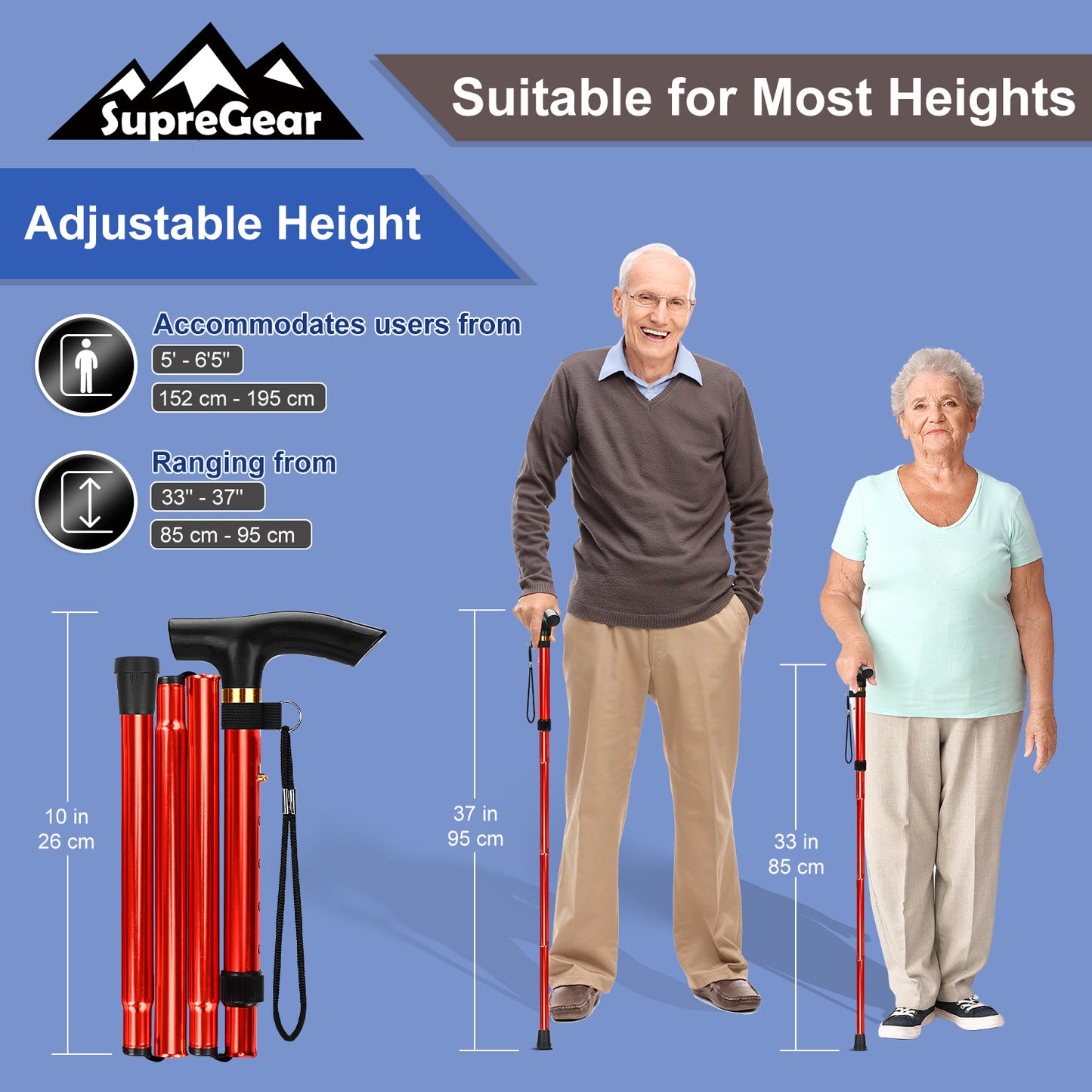 5-Level Adjustable Height Walking Stick Folding Cane