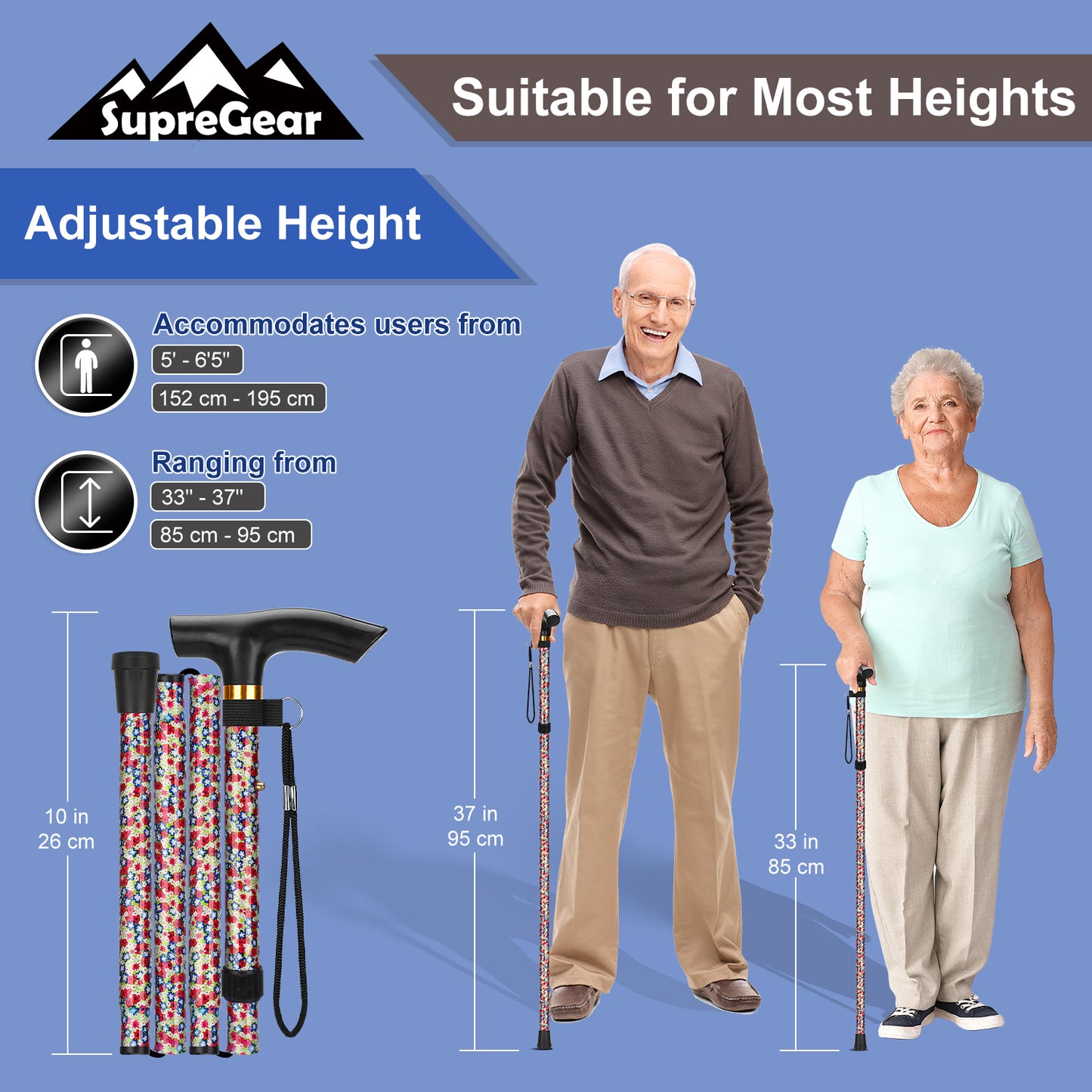 5-Level Adjustable Height Walking Stick Folding Cane
