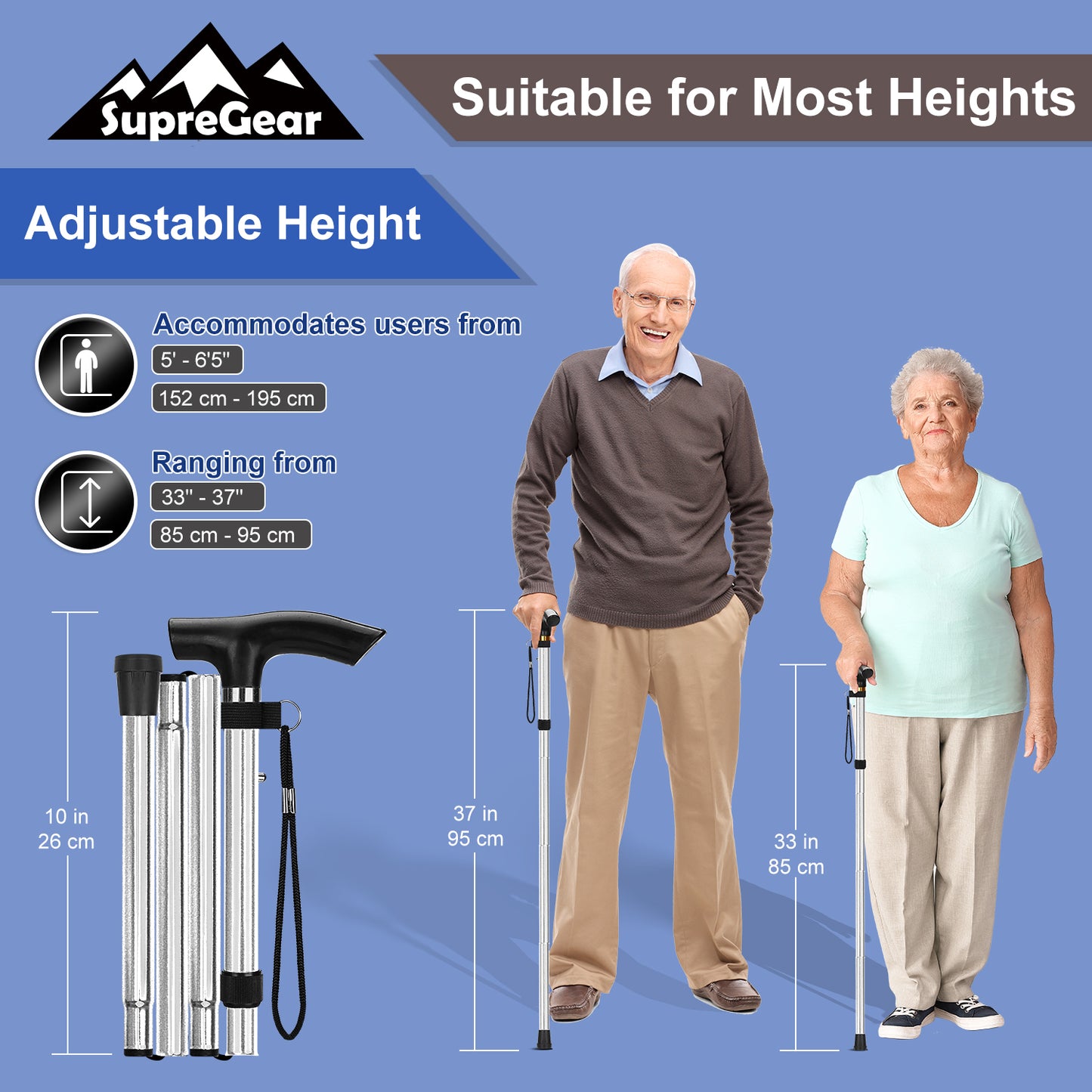 5-Level Adjustable Height Walking Stick Folding Cane