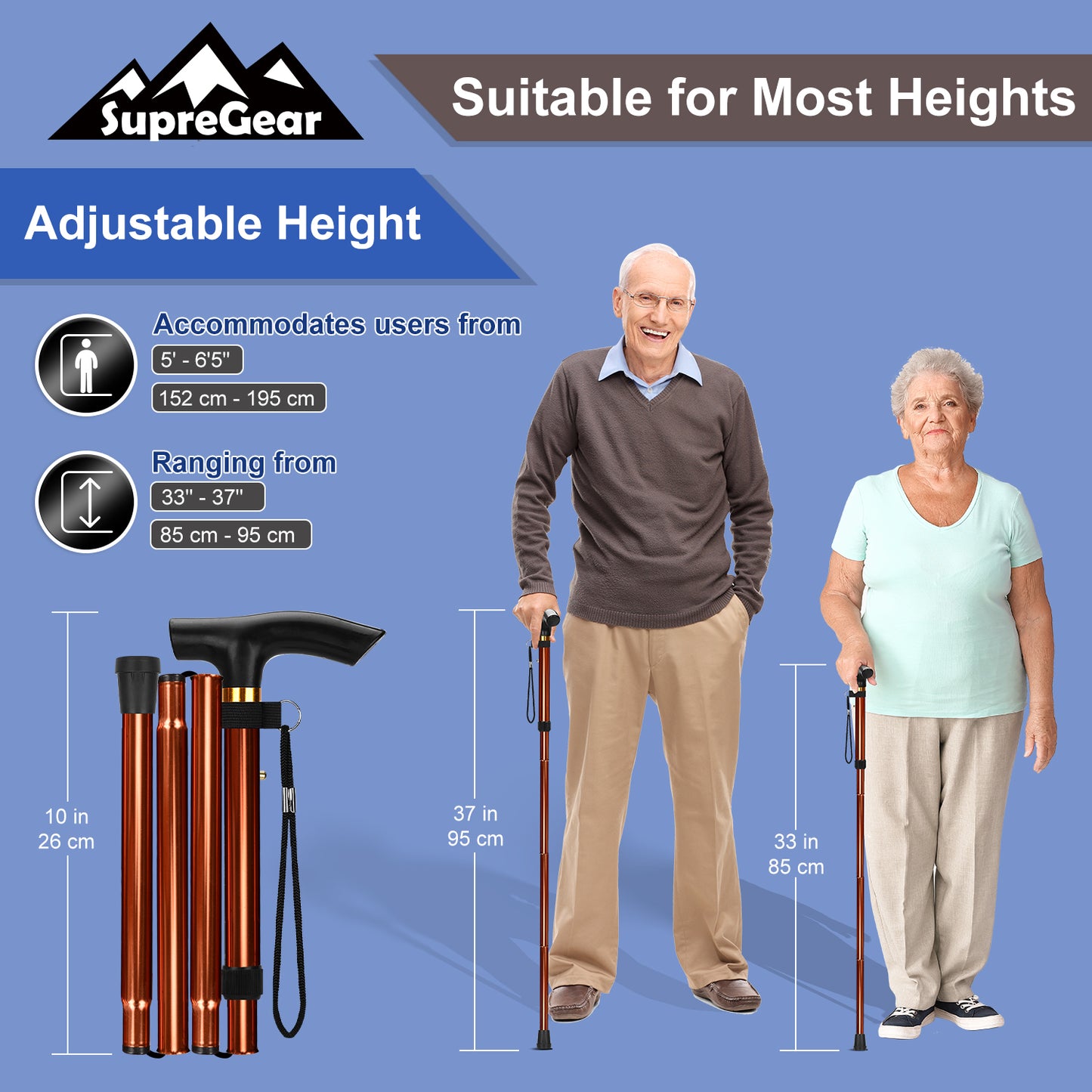 5-Level Adjustable Height Walking Stick Folding Cane