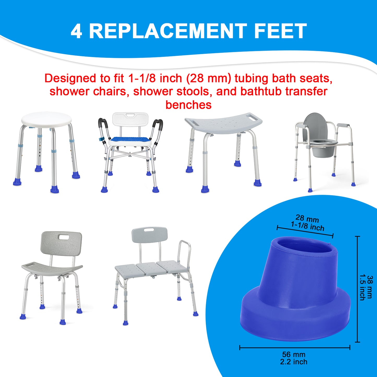 1-1/8" Shower Chair Feet, Non-Slip Suction Pads, 4-Pack