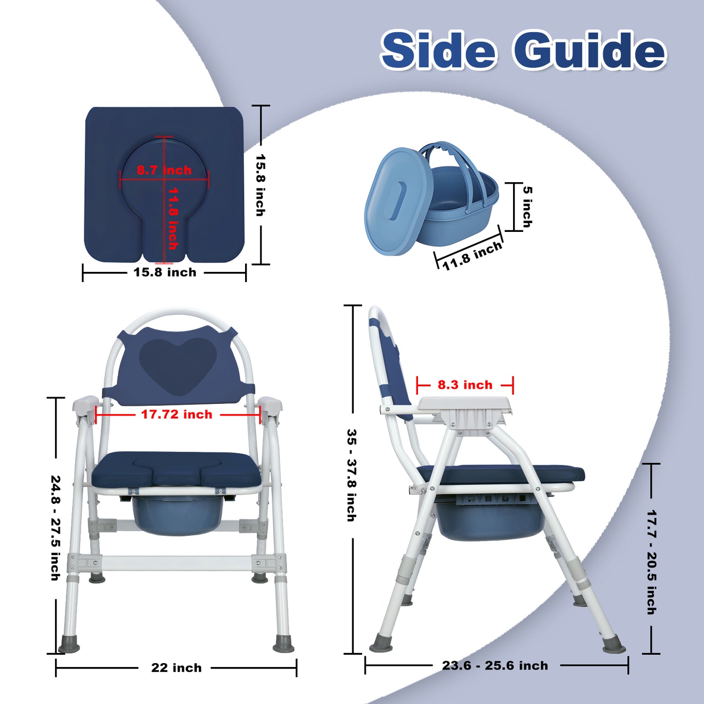 Aluminum Adjustable Folding Commode Chair, 330 lbs Capacity, Removable Bucket