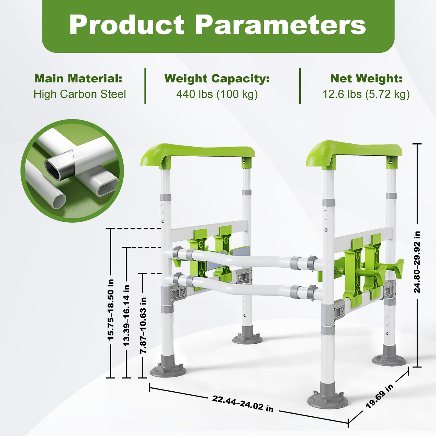 3-Way Adjustable Toilet Safety Frame, Anti-Slip Handrails, Suction Cups, Supports 220 lbs
