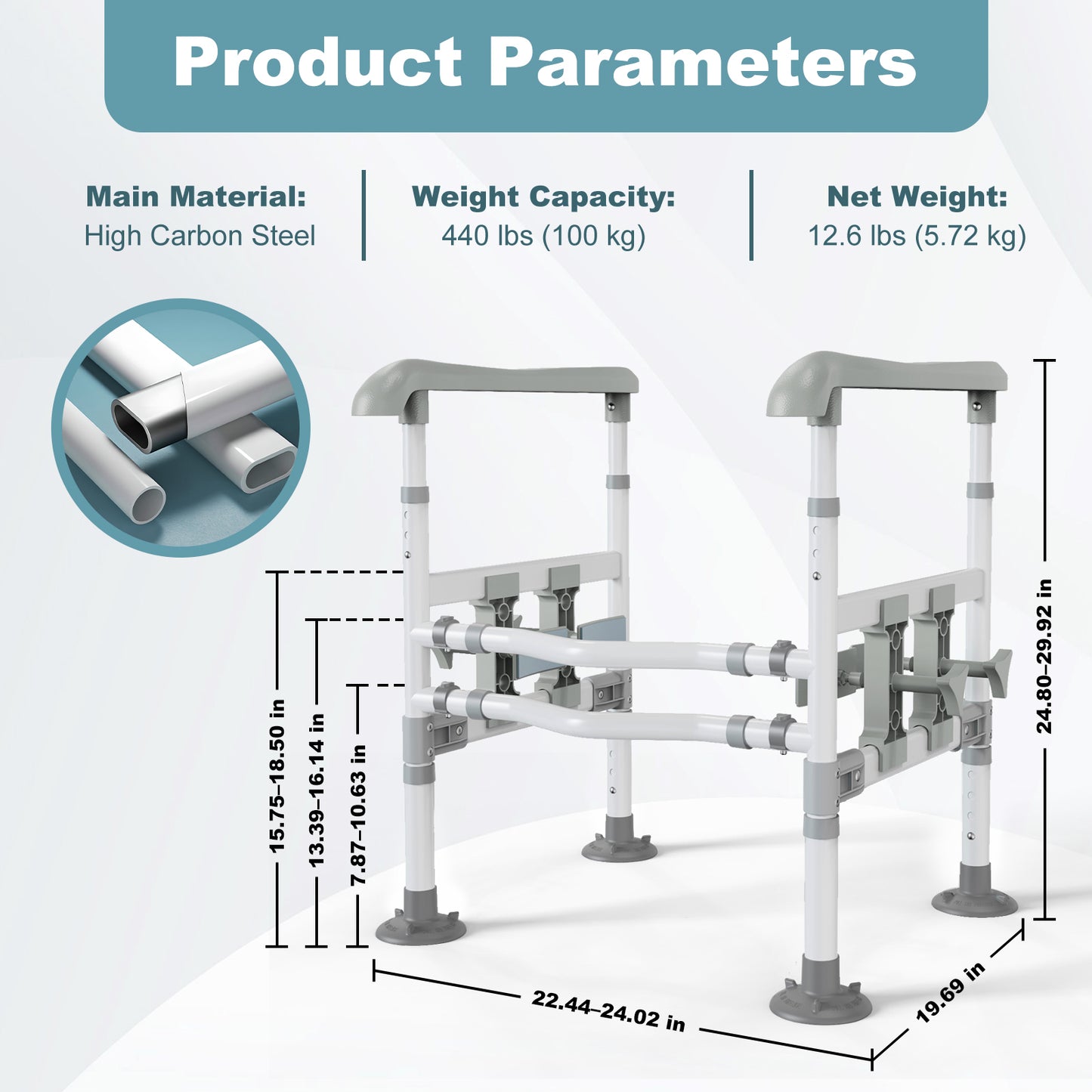 3-Way Adjustable Toilet Safety Frame, Anti-Slip Handrails, Suction Cups, Supports 220 lbs