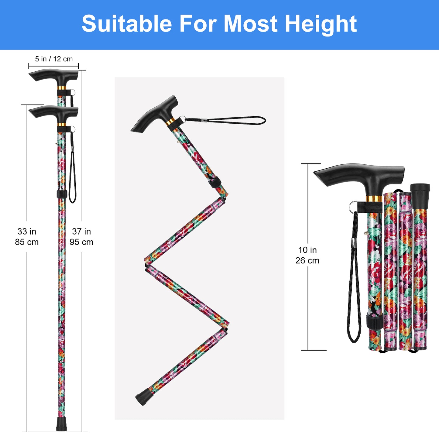 5-Level Adjustable Height Walking Stick Folding Cane