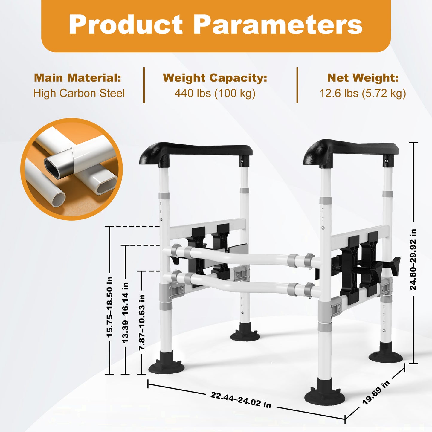 3-Way Adjustable Toilet Safety Frame, Anti-Slip Handrails, Suction Cups, Supports 220 lbs