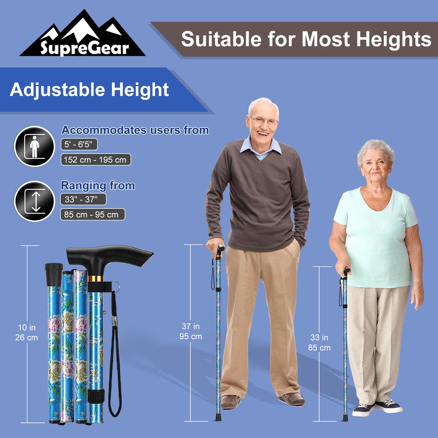 5-Level Adjustable Height Walking Stick Folding Cane