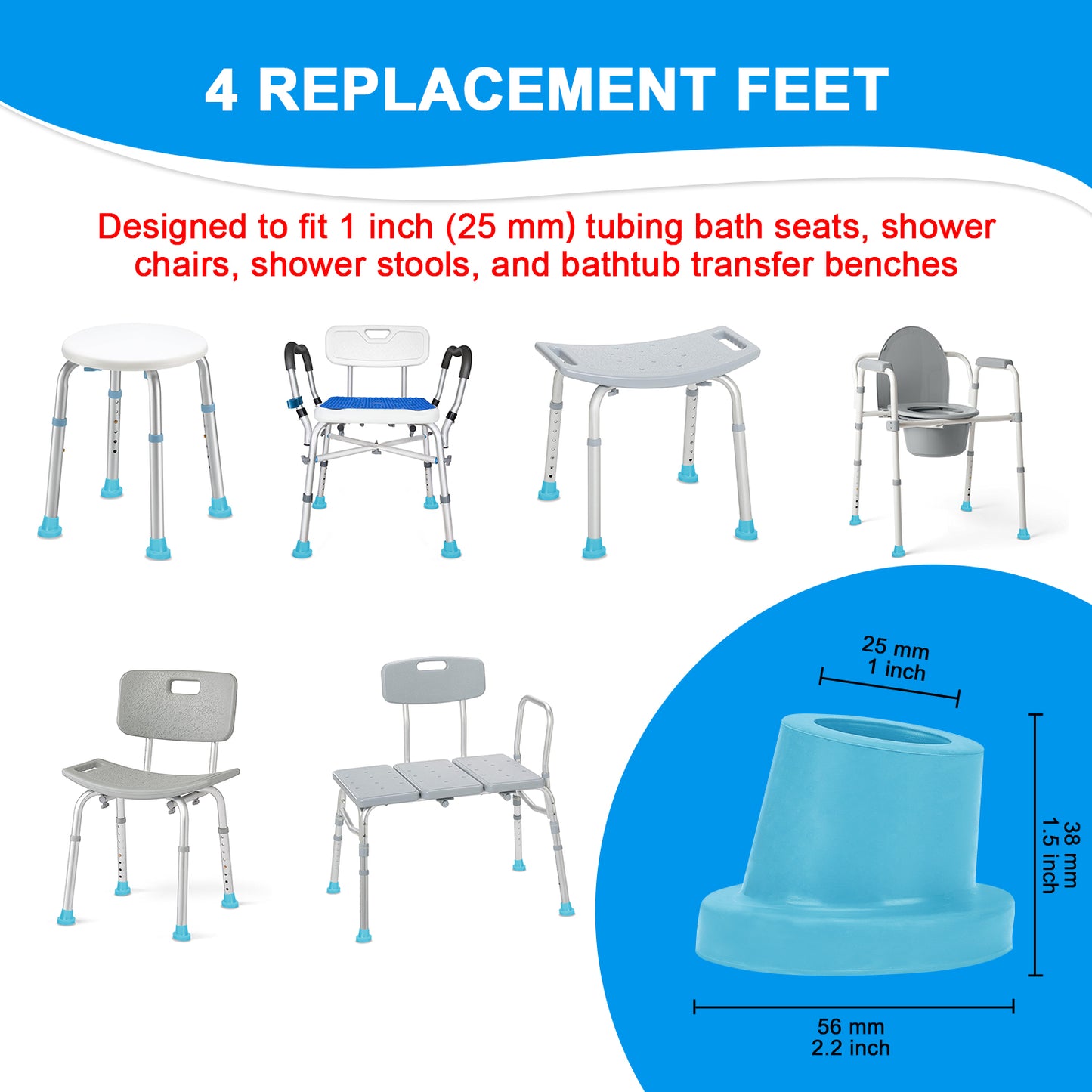 1 Inch Shower Chair Feet, Non-Slip Suction Tips, 4PCS