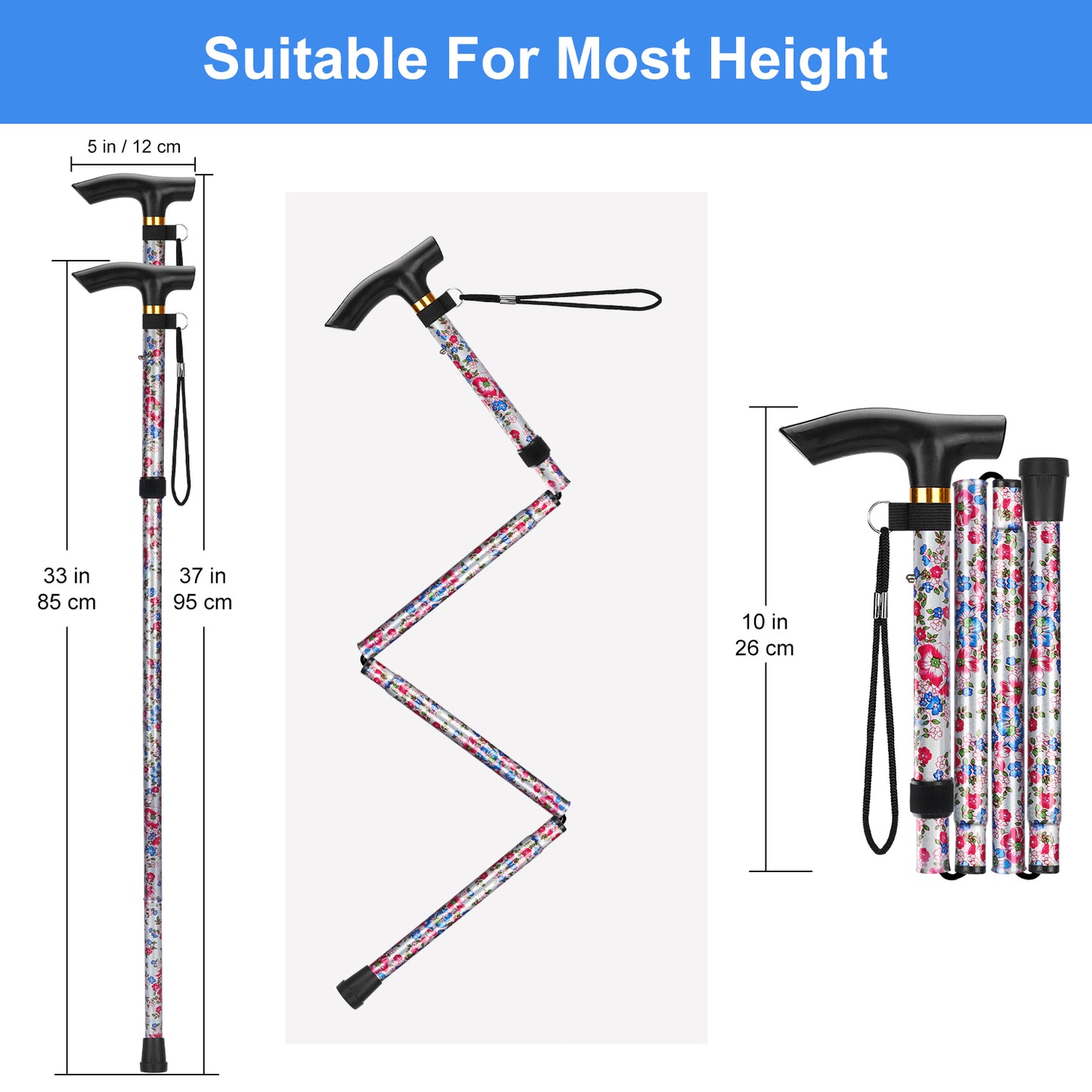 5-Level Adjustable Height Walking Stick Folding Cane