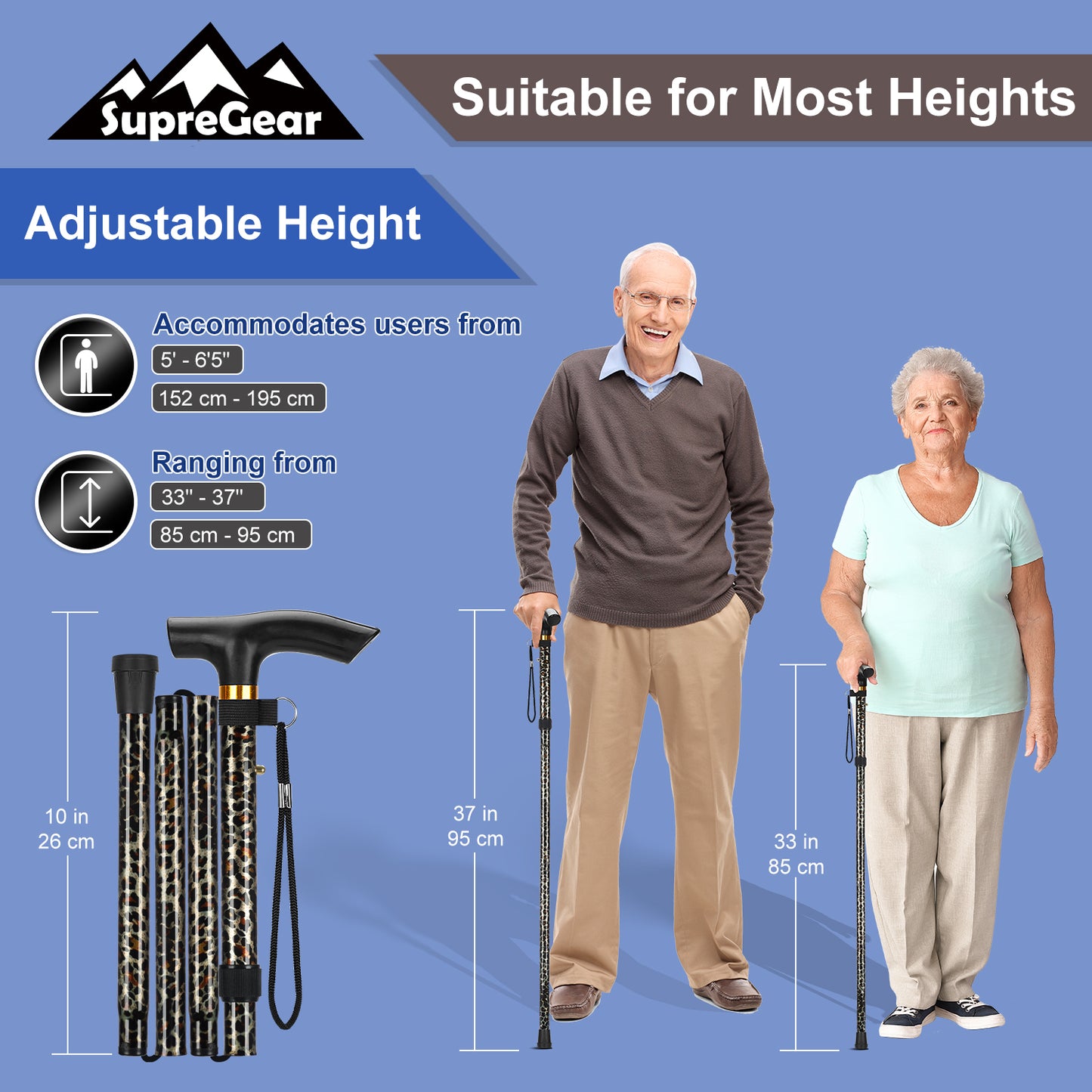 5-Level Adjustable Height Walking Stick Folding Cane