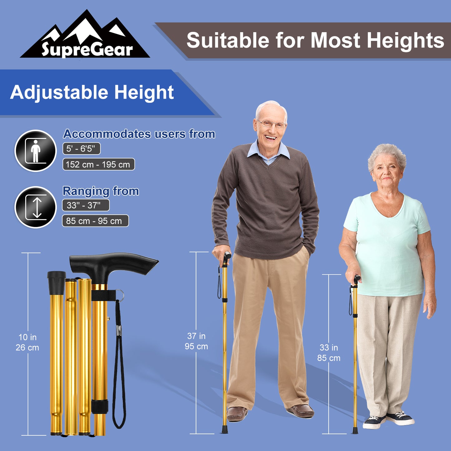5-Level Adjustable Height Walking Stick Folding Cane