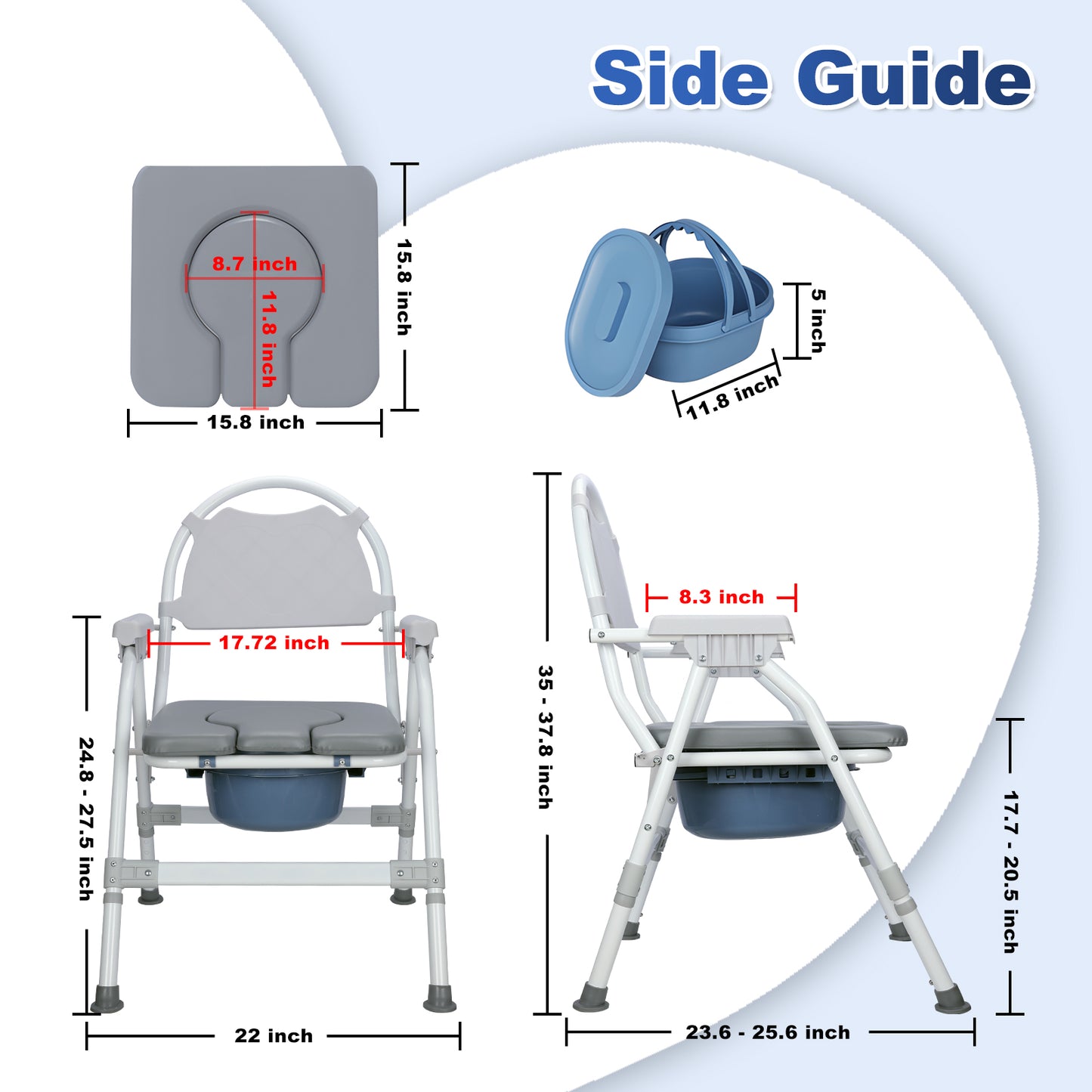 Aluminum Adjustable Folding Commode Chair, 330 lbs Capacity, Removable Bucket
