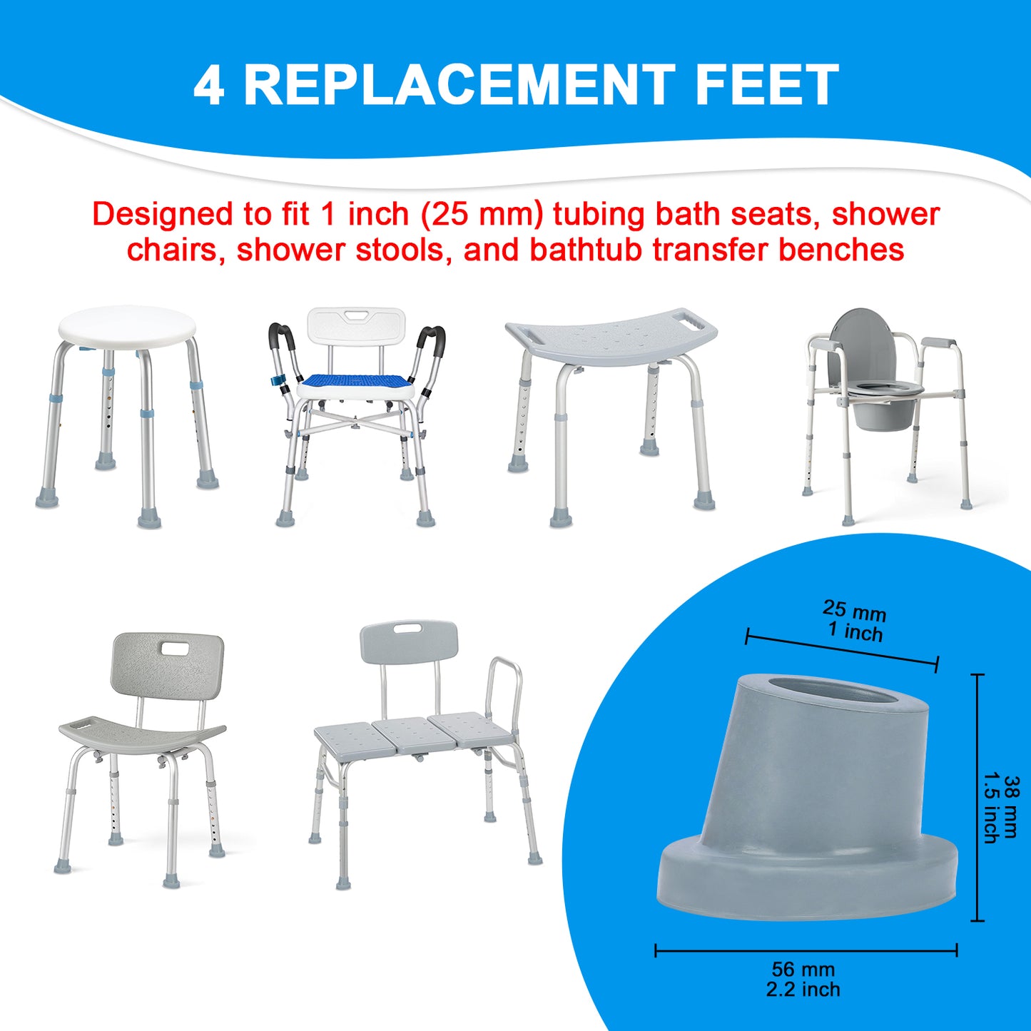 1 Inch Shower Chair Feet, Non-Slip Suction Tips, 4PCS