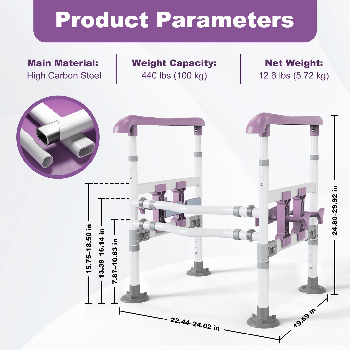 3-Way Adjustable Toilet Safety Frame, Anti-Slip Handrails, Suction Cups, Supports 220 lbs