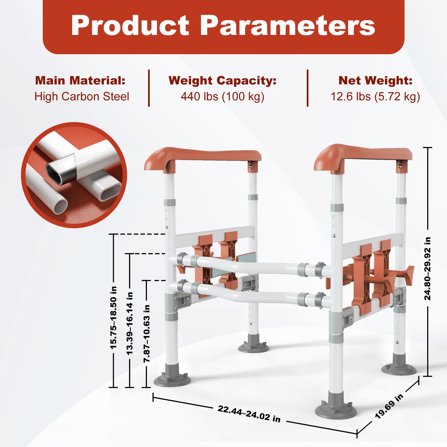 3-Way Adjustable Toilet Safety Frame, Anti-Slip Handrails, Suction Cups, Supports 220 lbs
