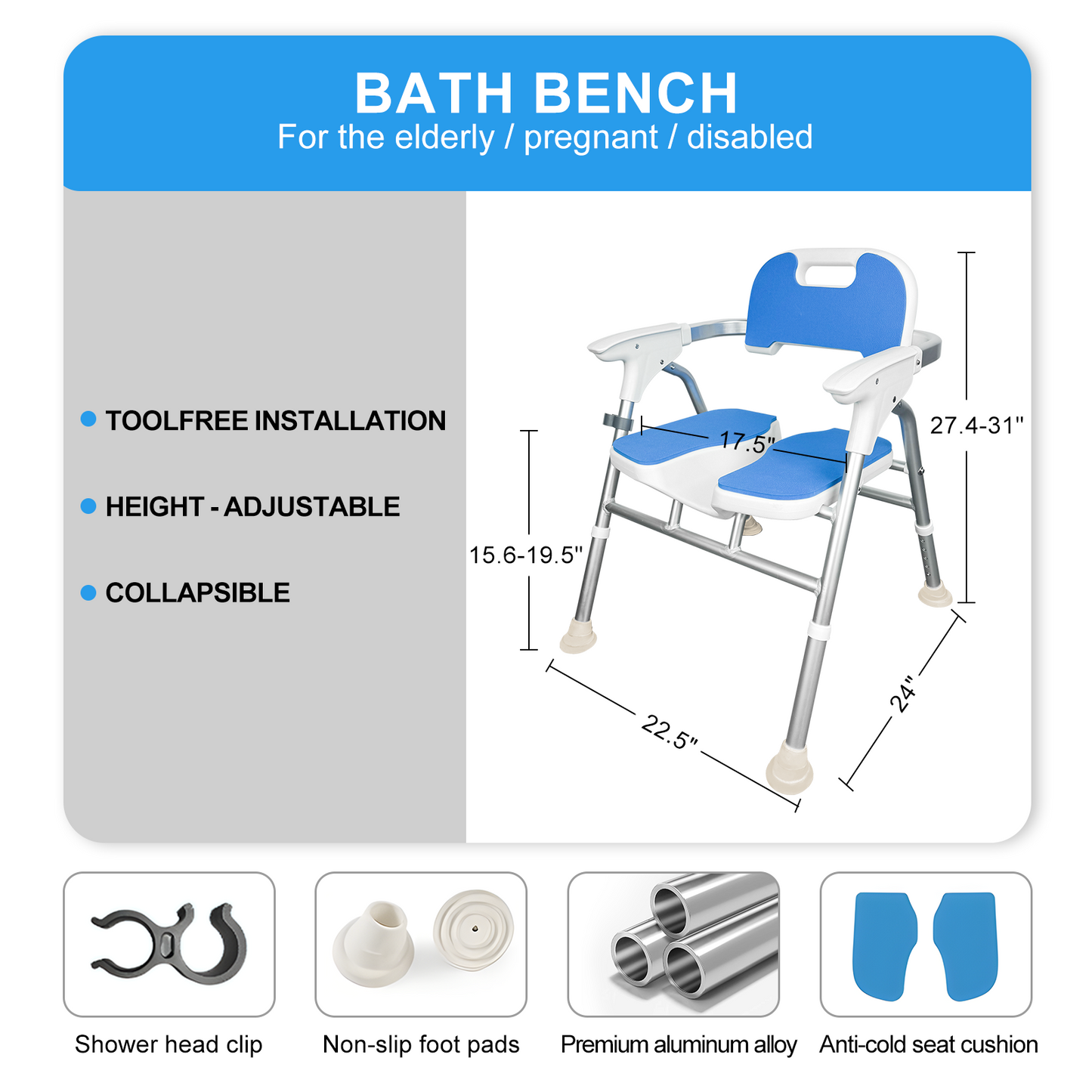 Quick-Fold Shower Chair w/ Anti-Slip Seats