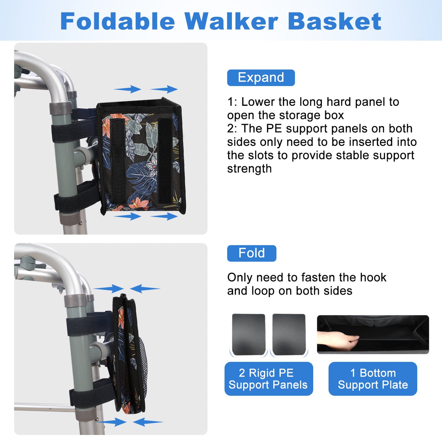 Walker Basket with Cup Holder, Foldable No-Tip Storage Bag