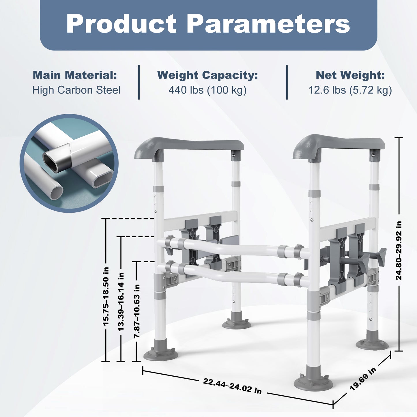 3-Way Adjustable Toilet Safety Frame, Anti-Slip Handrails, Suction Cups, Supports 220 lbs