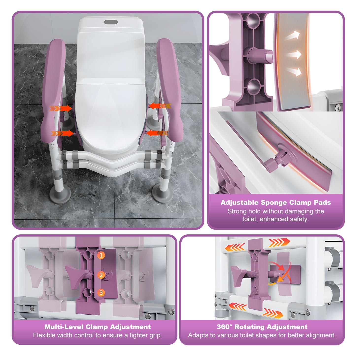 3-Way Adjustable Toilet Safety Frame, Anti-Slip Handrails, Suction Cups, Supports 220 lbs