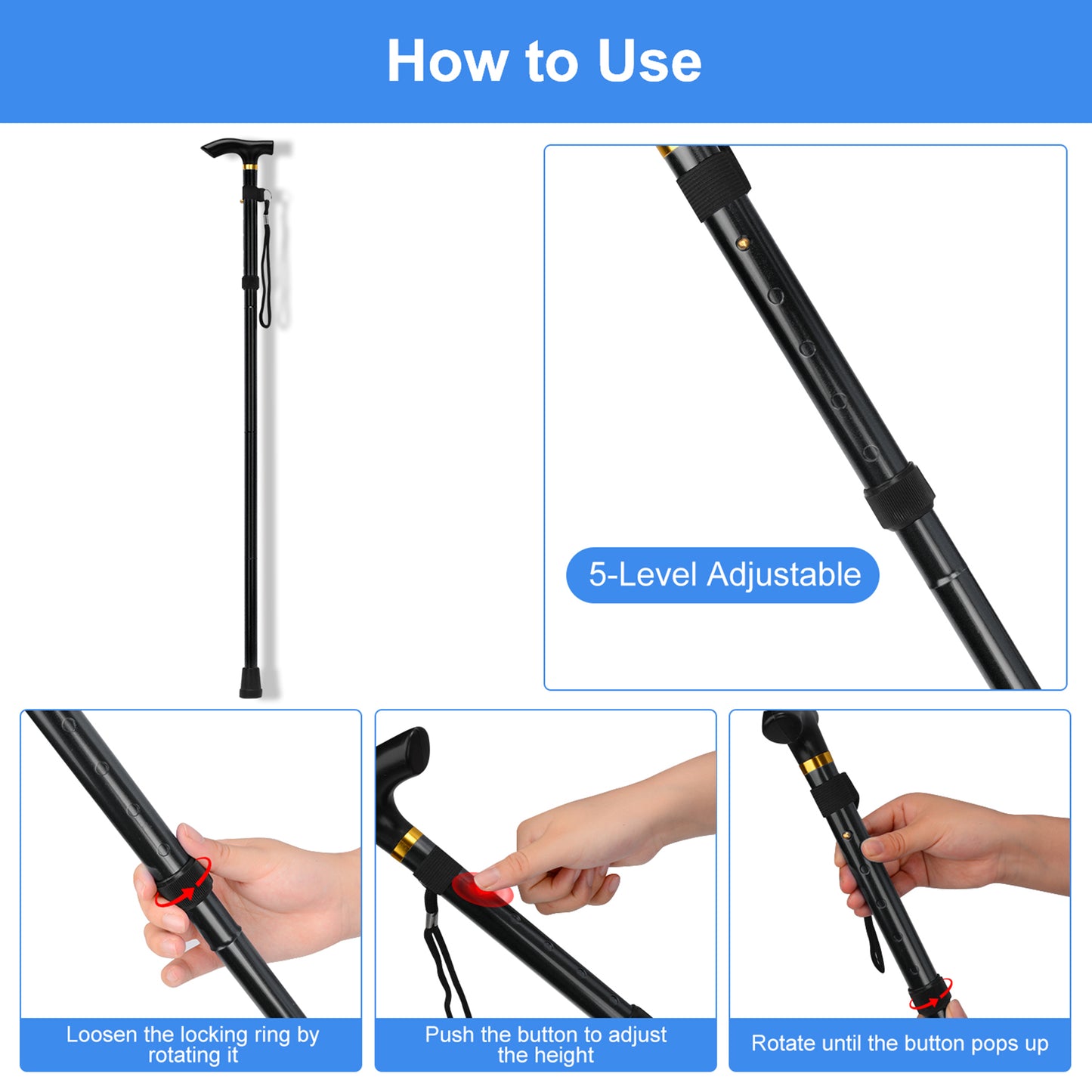 5-Level Adjustable Height Walking Stick Folding Cane