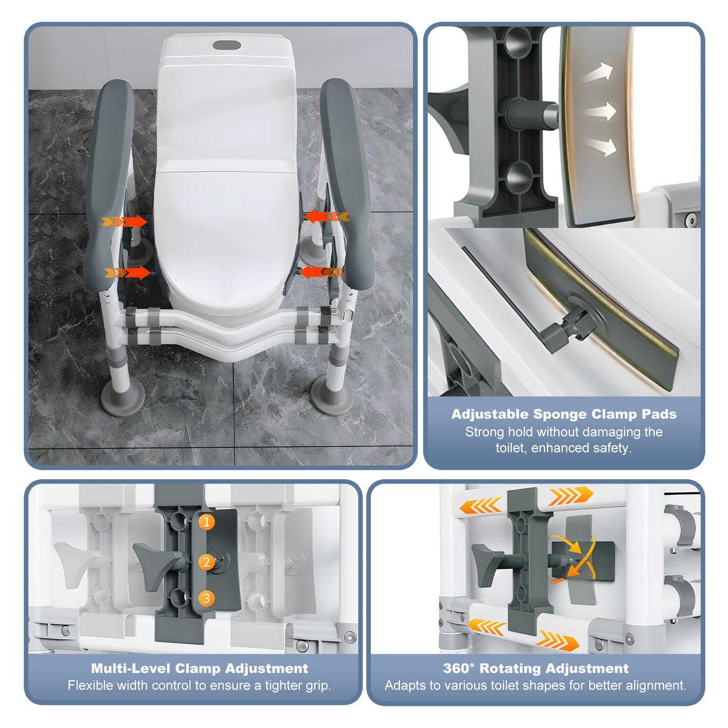 3-Way Adjustable Toilet Safety Frame, Anti-Slip Handrails, Suction Cups, Supports 220 lbs