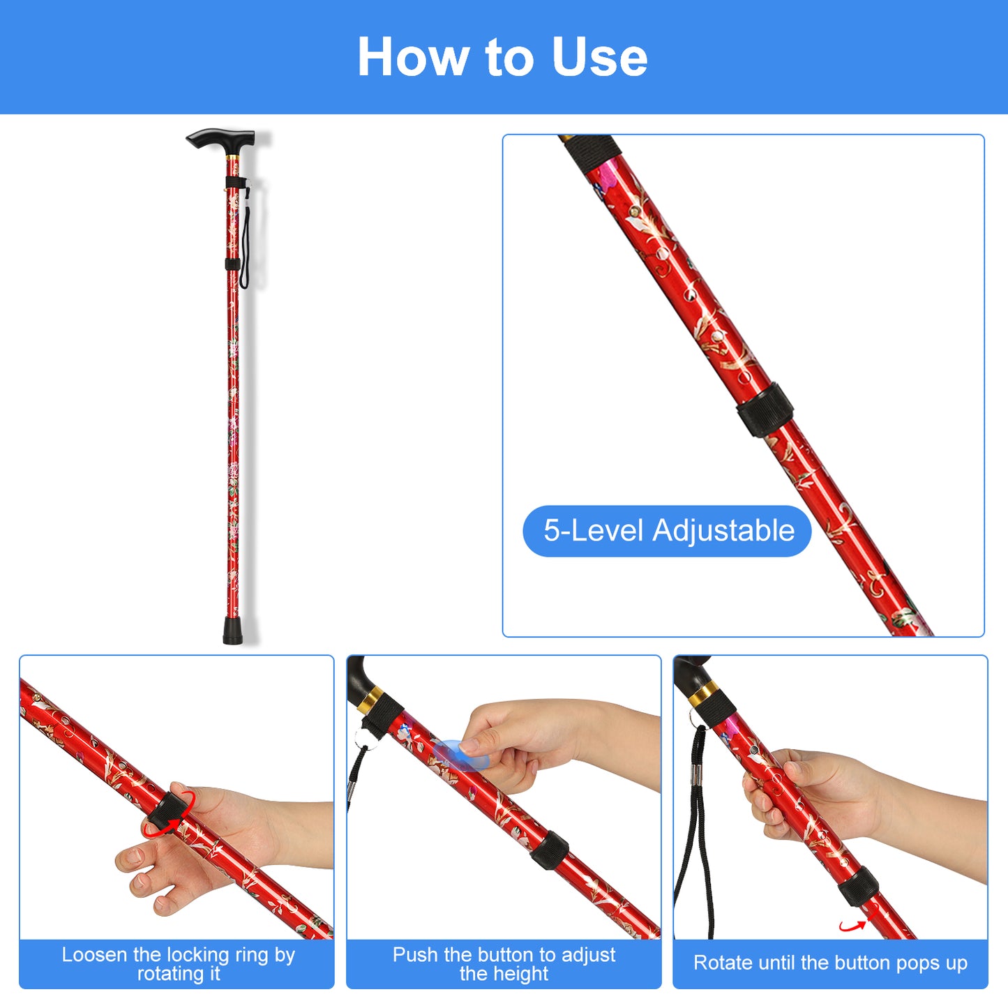 5-Level Adjustable Height Walking Stick Folding Cane