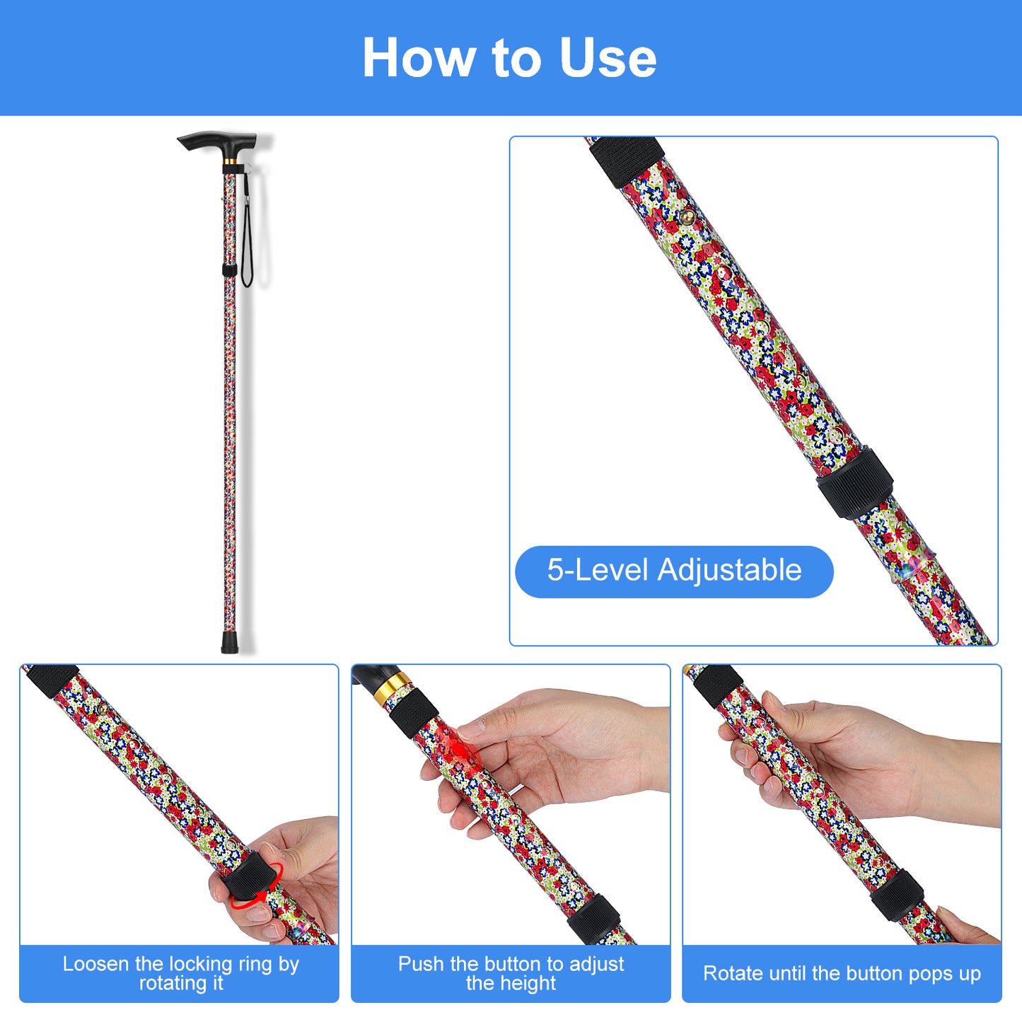 5-Level Adjustable Height Walking Stick Folding Cane
