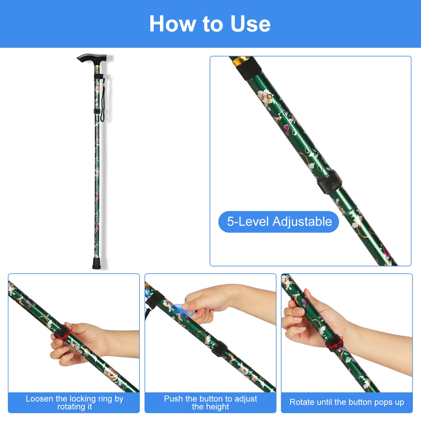 5-Level Adjustable Height Walking Stick Folding Cane