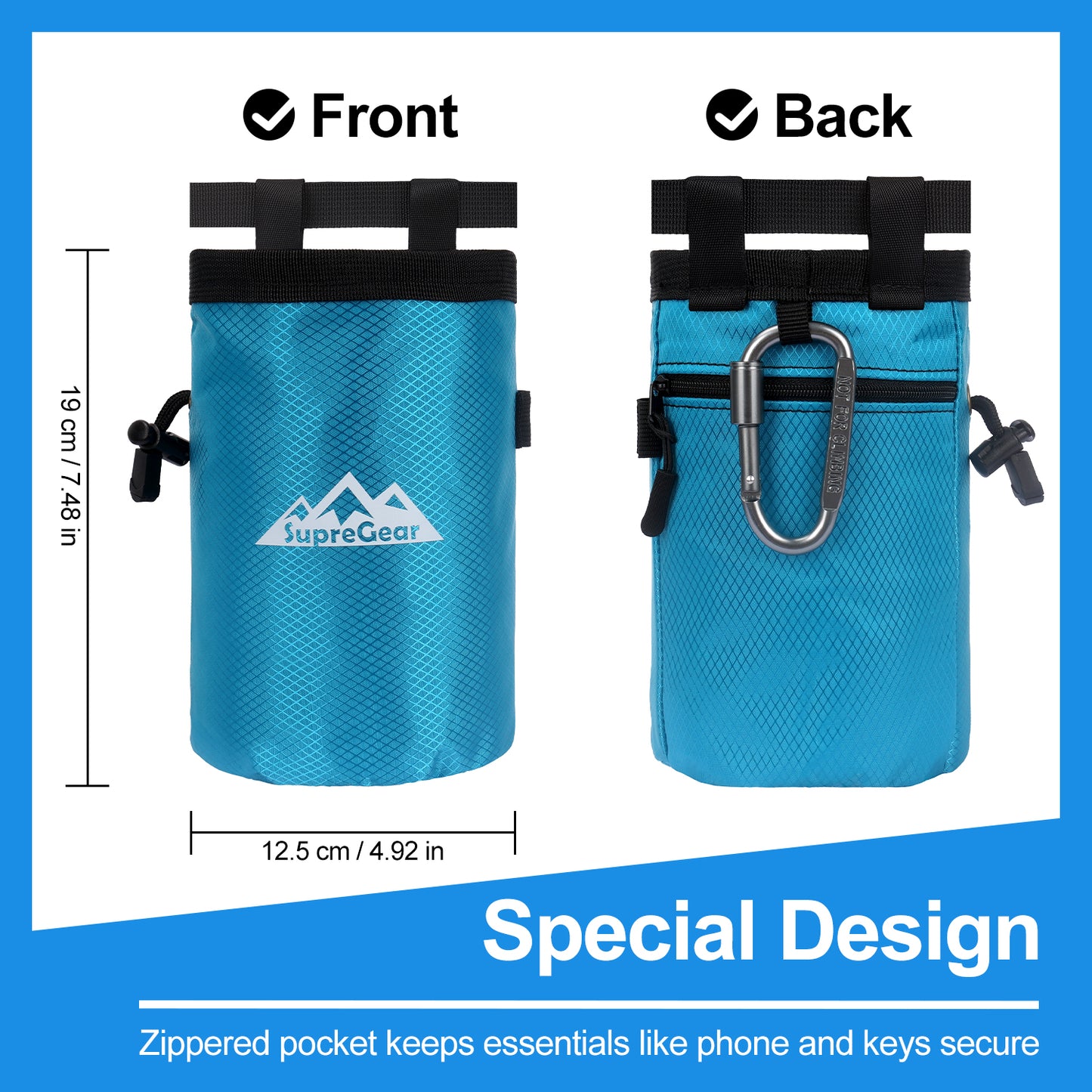 Rock Climbing Chalk Bag, Large Drawstring Pouch with Zipper Pocket and Brush Holder