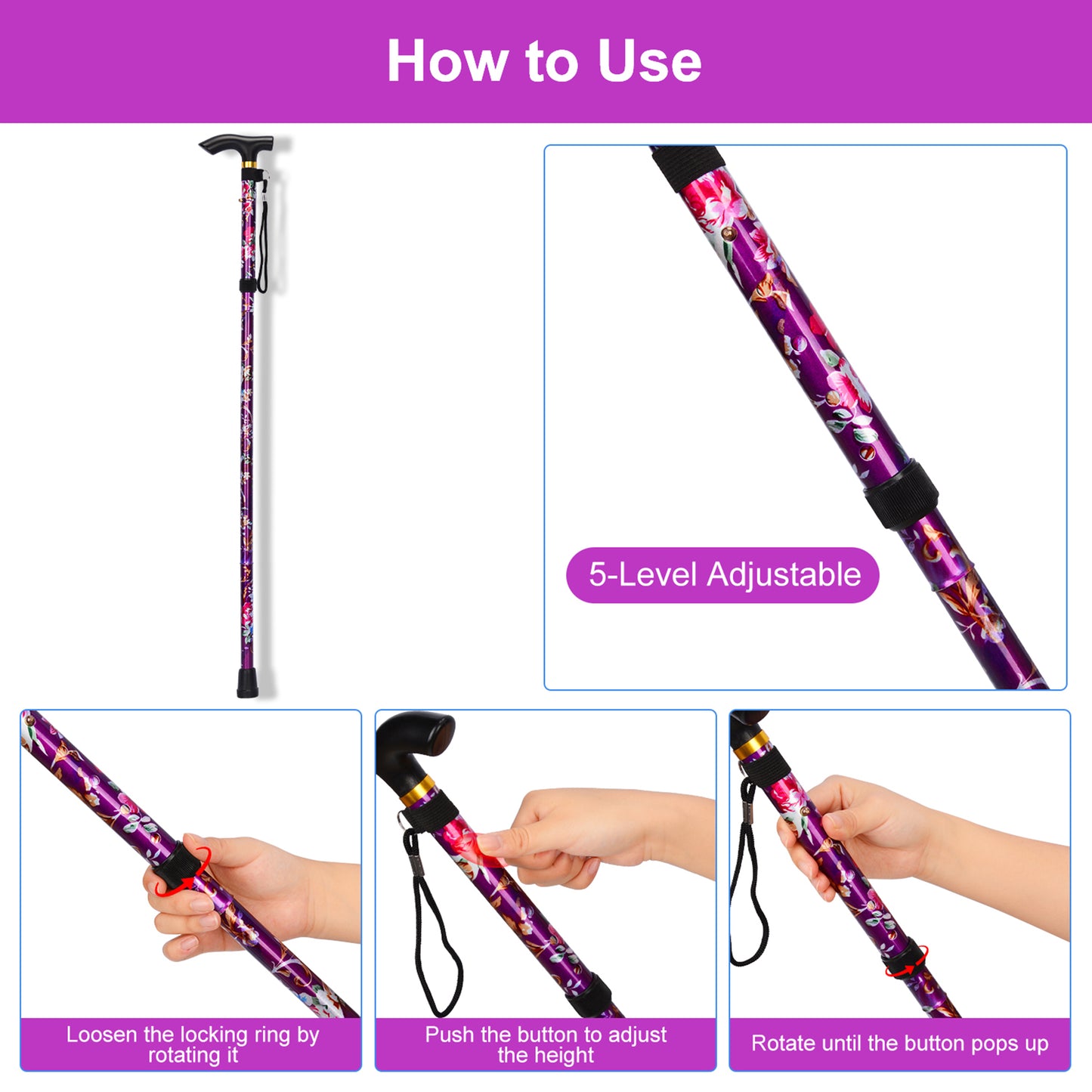 5-Level Adjustable Height Walking Stick Folding Cane
