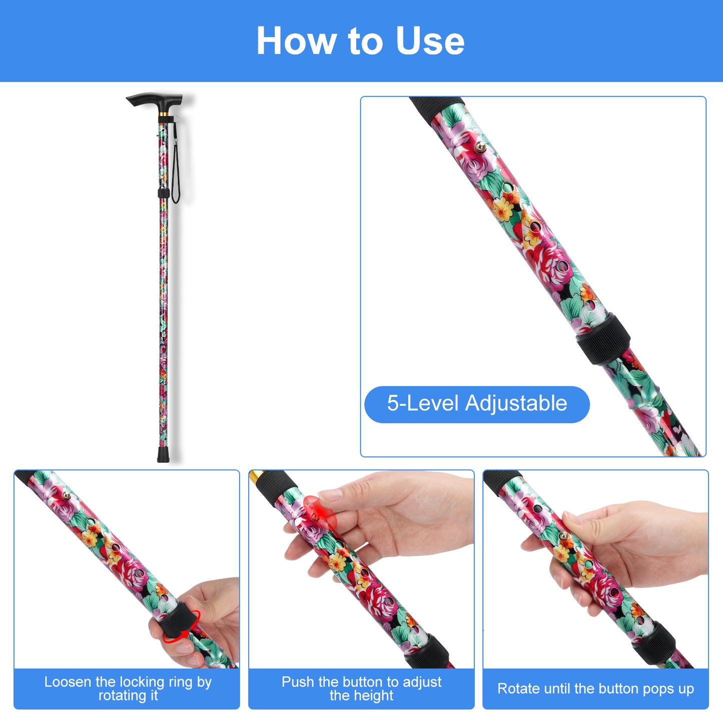 5-Level Adjustable Height Walking Stick Folding Cane