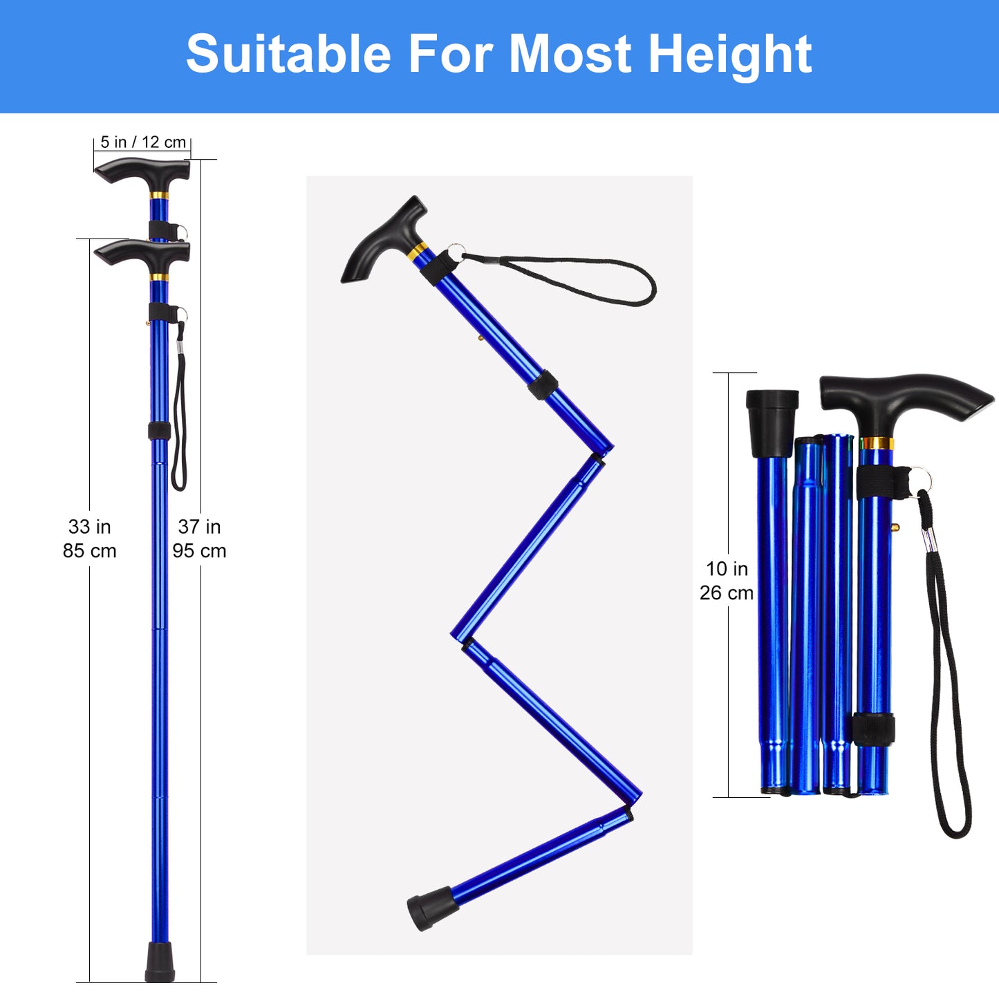 5-Level Adjustable Height Walking Stick Folding Cane