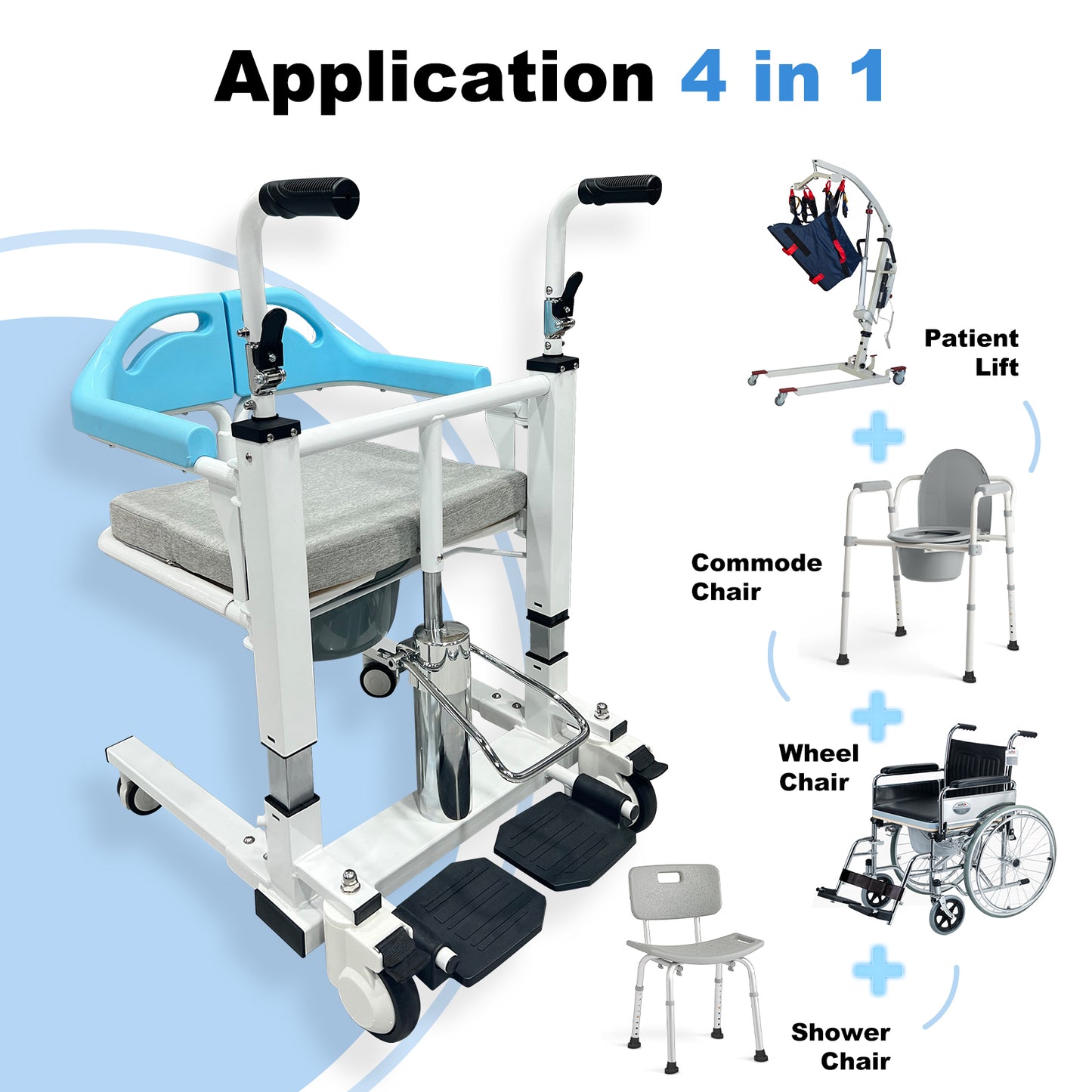 Transfer Lift Wheelchair with Commode, 14.96"-22.83" Adjustable Height, Supports 330 lbs