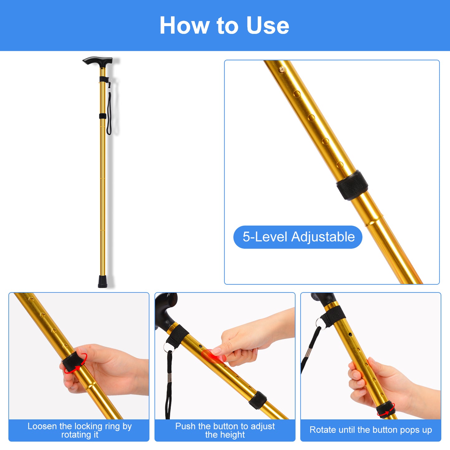 5-Level Adjustable Height Walking Stick Folding Cane