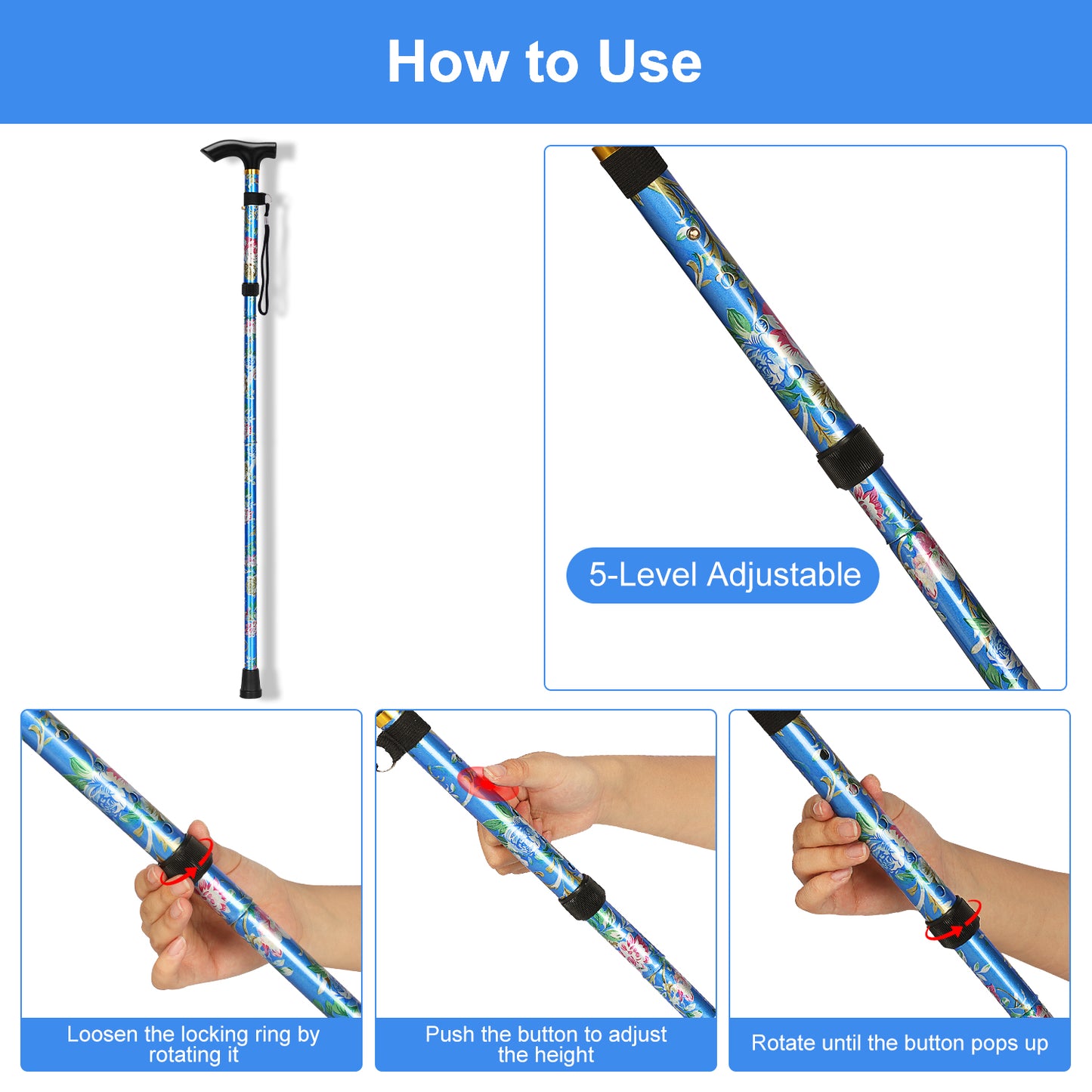 5-Level Adjustable Height Walking Stick Folding Cane