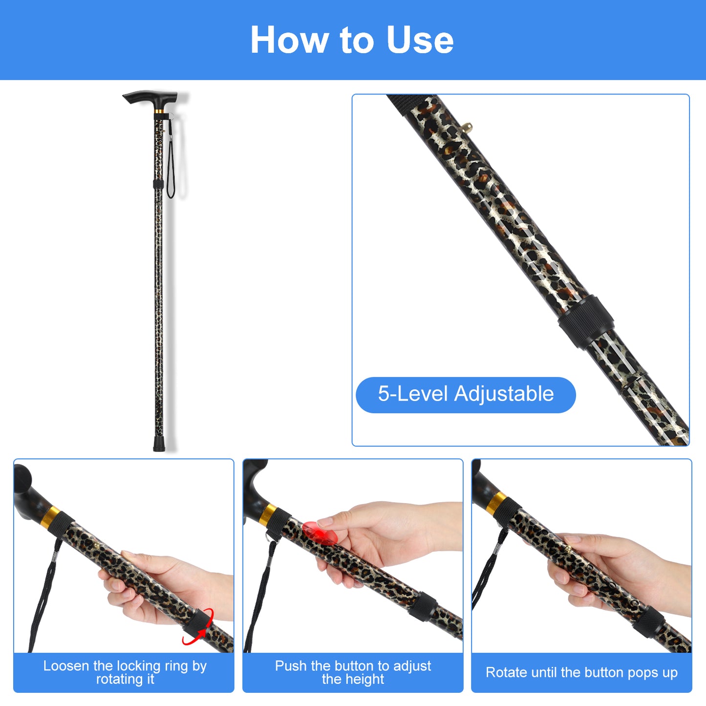 5-Level Adjustable Height Walking Stick Folding Cane