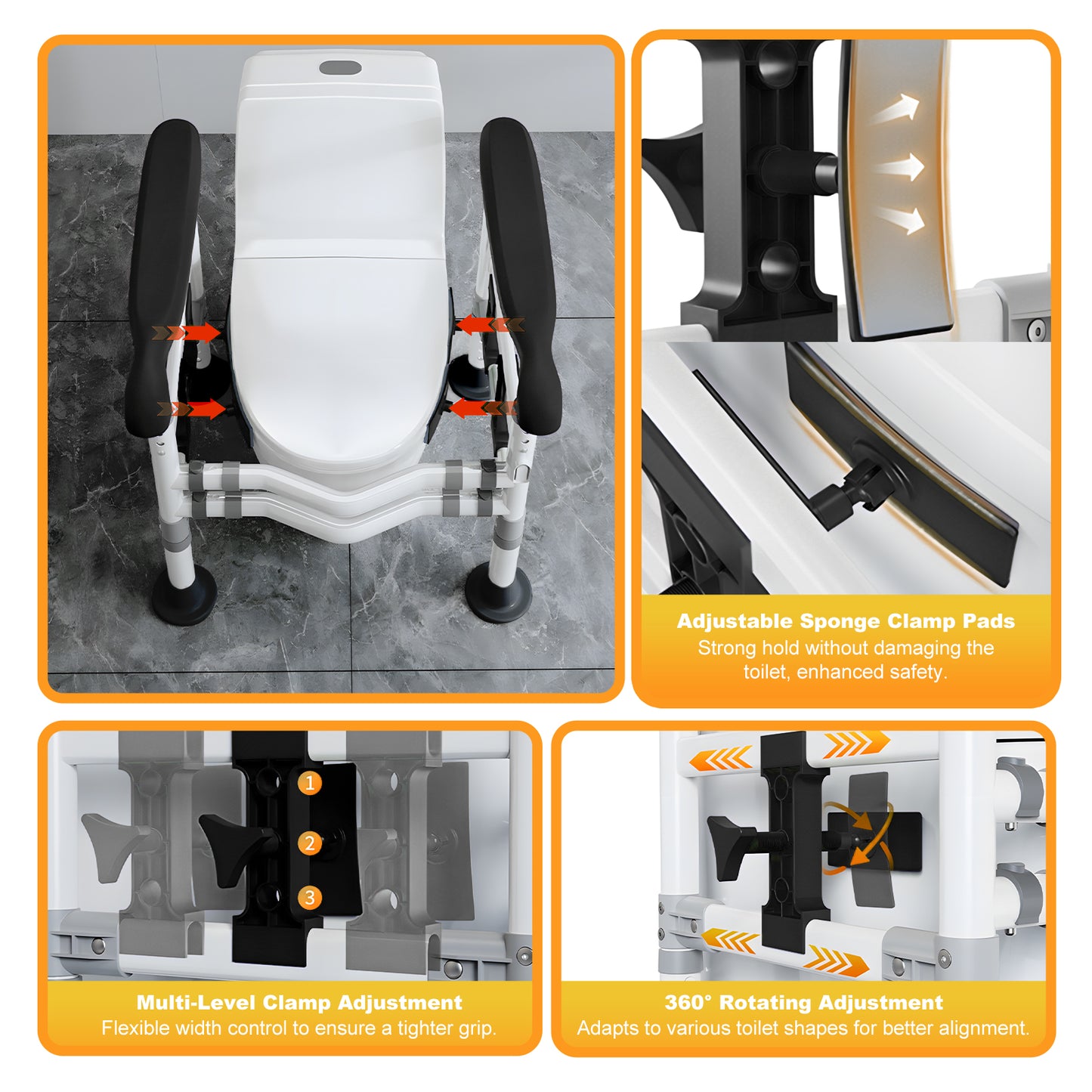 3-Way Adjustable Toilet Safety Frame, Anti-Slip Handrails, Suction Cups, Supports 220 lbs