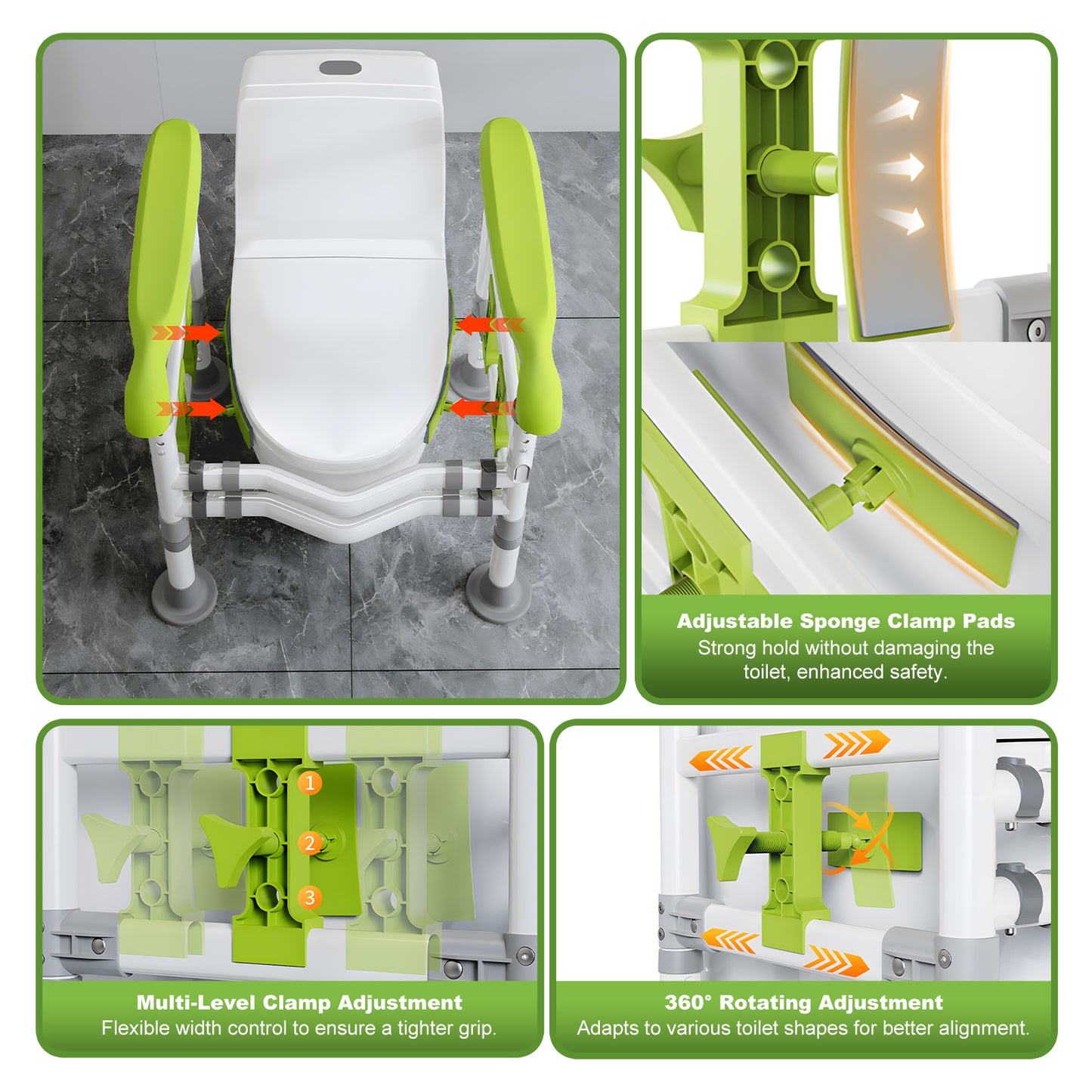 3-Way Adjustable Toilet Safety Frame, Anti-Slip Handrails, Suction Cups, Supports 220 lbs
