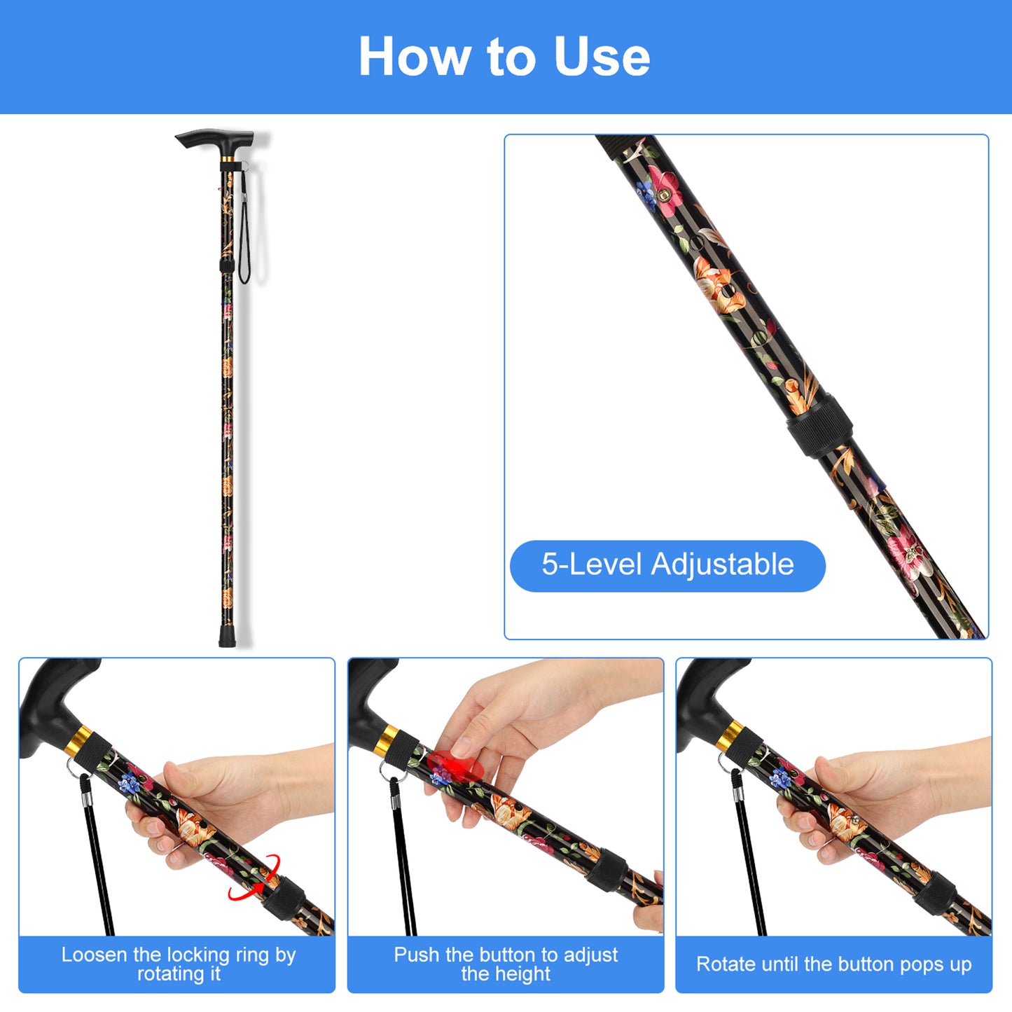 5-Level Adjustable Height Walking Stick Folding Cane