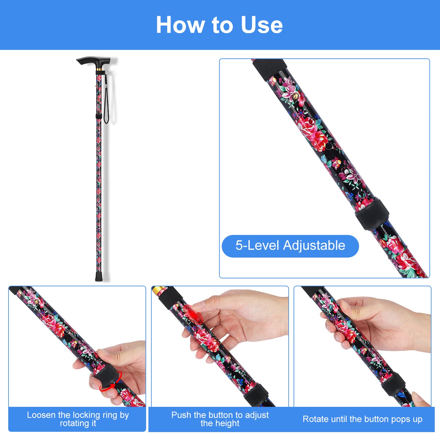 5-Level Adjustable Height Walking Stick Folding Cane