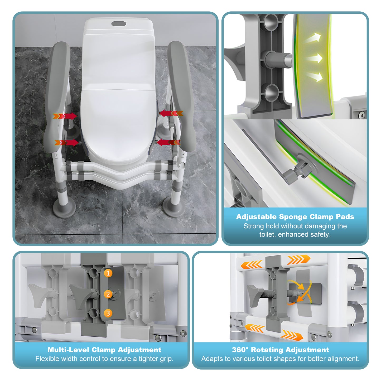3-Way Adjustable Toilet Safety Frame, Anti-Slip Handrails, Suction Cups, Supports 220 lbs