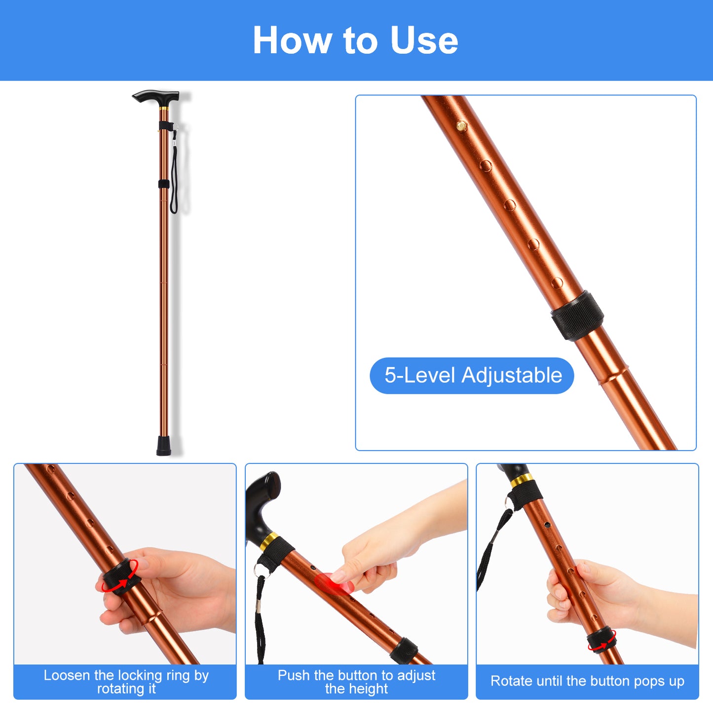 5-Level Adjustable Height Walking Stick Folding Cane